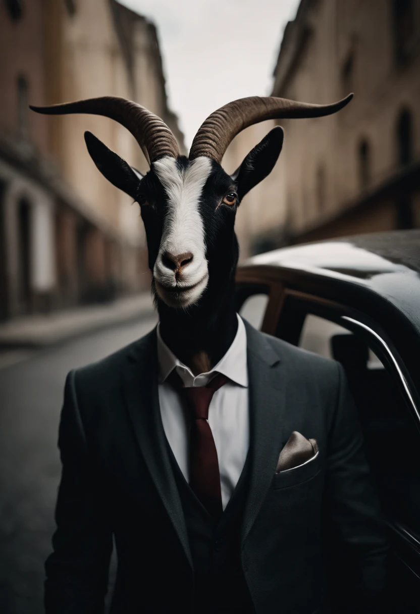 a goat-headed man in a suit ,  em pe  encima de um carro preto