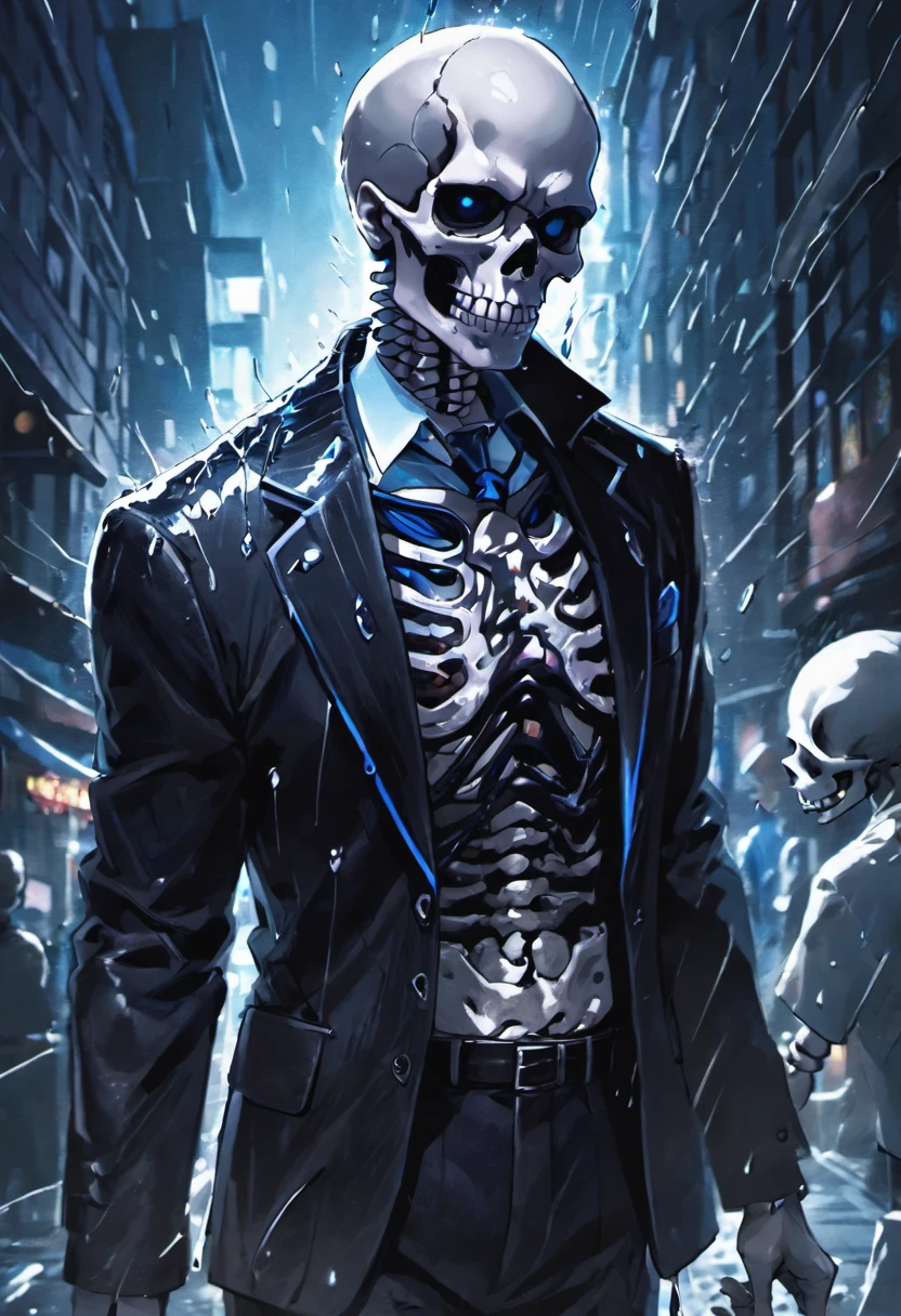 close up photograph, The man whose head turns into a skeleton，The skull is wrapped in black crystal, Wearing a black suit and white shirt with blue patterns, On the streets soaked with rain at night, Photorealistic, Cinematic lighting