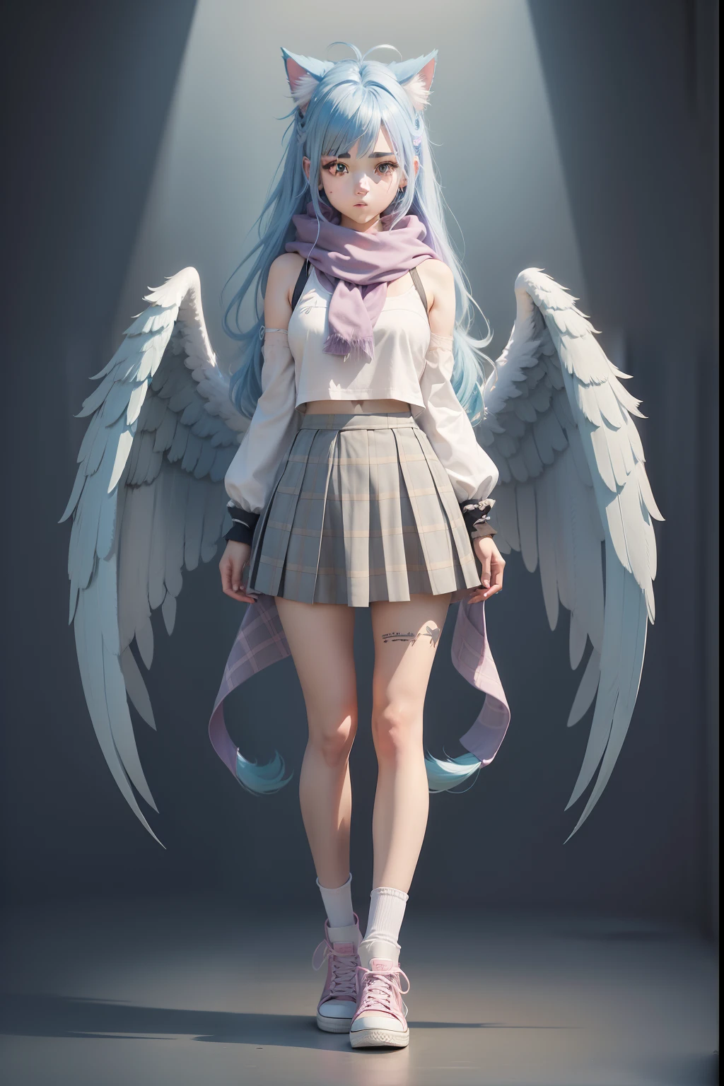anime girl with blue hair and angel wings standing, full body adoptable, long haired humanoid fursona, character adoptable, single character full body, furaffinity fursona, full body sprite, anime style character, with converse, grey tanktop, plaid skirt, pastel pink scarf, two fluffy tails and cat ears