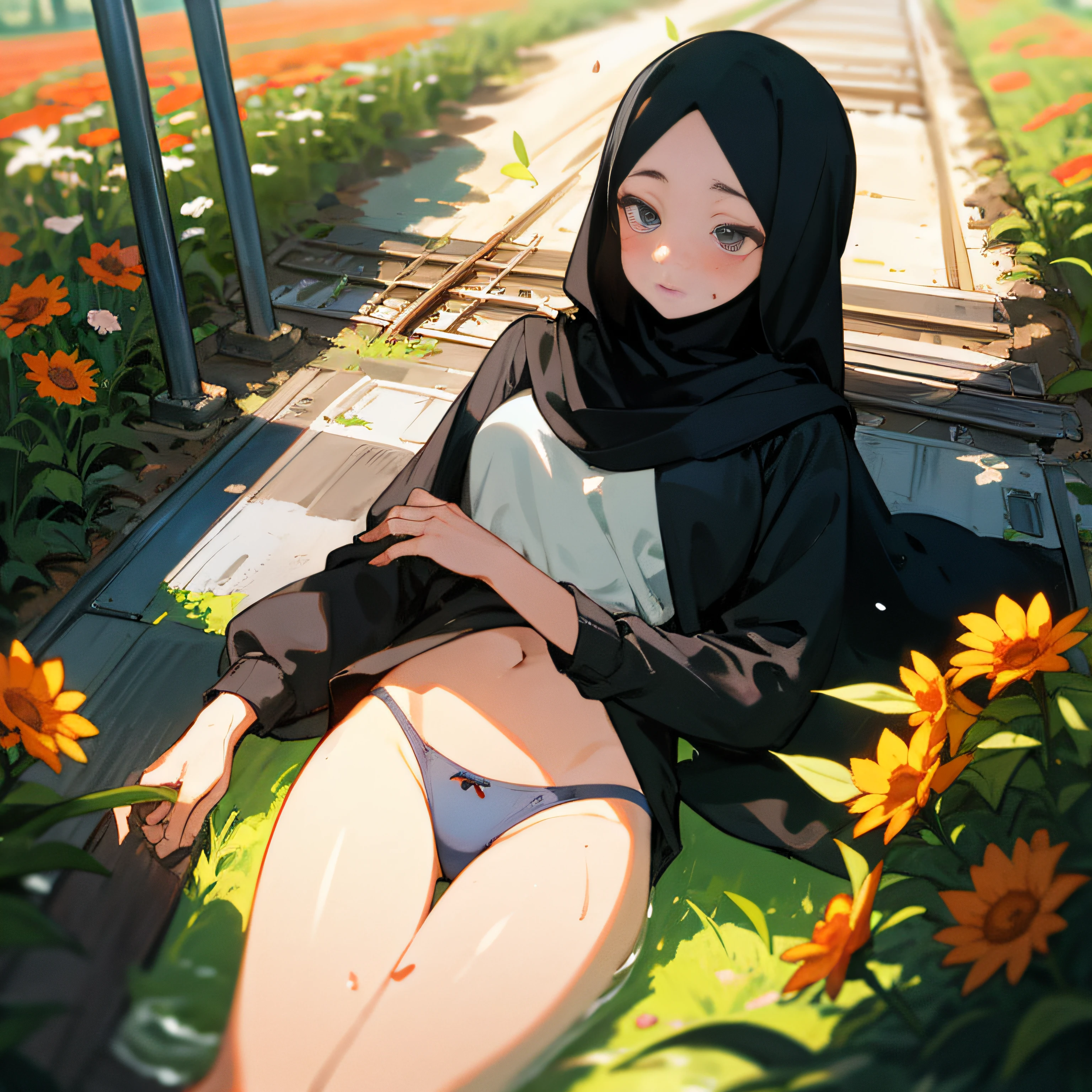 (masterpiece, best quality), abandoned train, in a flower field, 1girl, black hijab, bottomless, open panties, lying, warm, summer, vibrant colors, best lighting, best shadows, wet, hot.