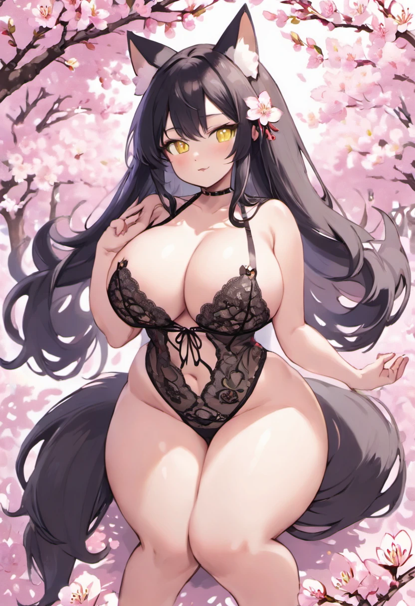 ((Kitsune girl)) with ((Long straight black Hair)) and ((Kitsune Tails)) ((light yellow eyes)) and ((massive Breasts)) and ((massive waist)), ((full-length portrait)), ((thicc)), ((sitting down on a cherry blossom tree doing something sexy)), ((wear black lace bra with small black lace panties)) and ((Massive Hourglass Figure))