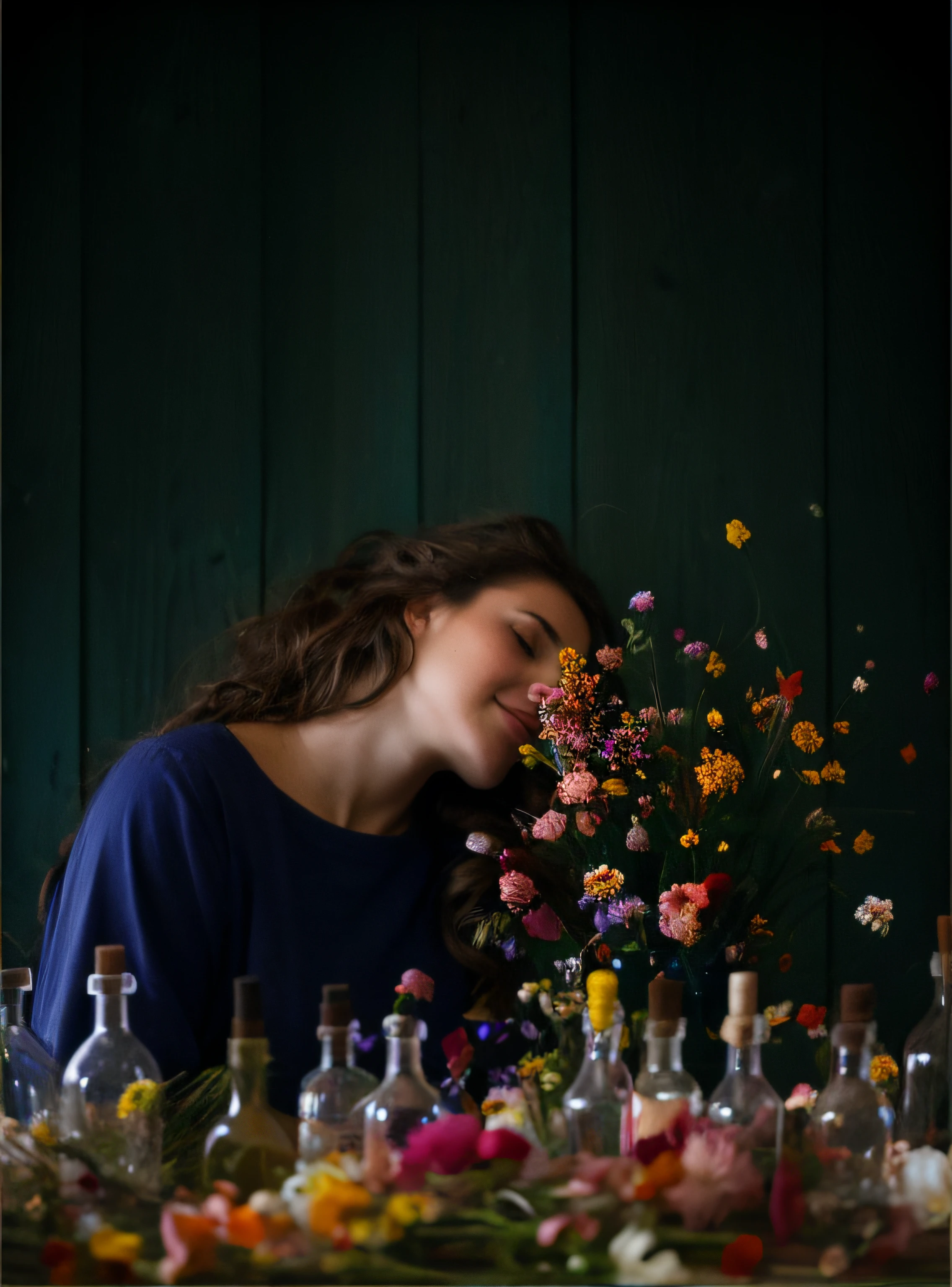 There was a woman sitting at a table,Lots of bottles and flowers on the table, flower storm portrait, woman in flowers, the girl made out of flowers, female portrait with flowers, girl in a bed of flowers, made of dried flowers, flowers exploding and spraying, Girl in flowers, made of flowers, made of colorful dried flowers, floating in perfume, made of wildflowers