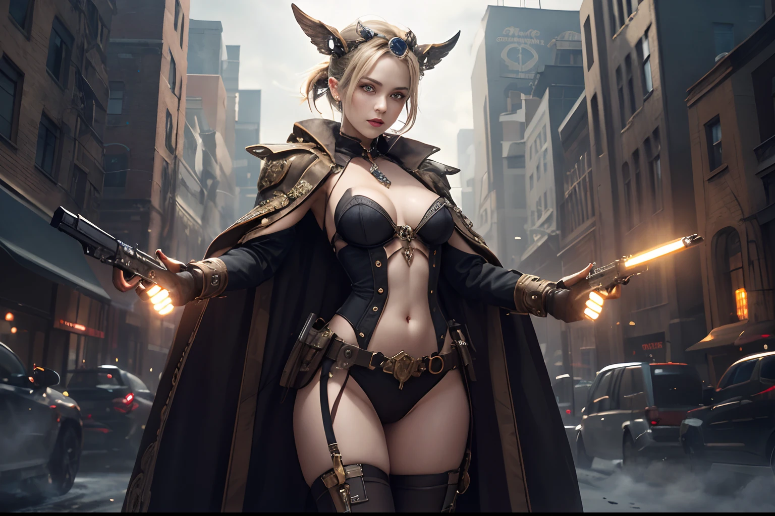 (American Shot), Beautiful Steampunk Girl, Steampunk Fantasy, (Very Light Eyes), A Beautiful Steampunk Goddess, (Small Breast), ((Small Hips)), height 5' 3'' inches, with a man in a movie poster pose carrying guns. (Looking At Camera), Wearing a large number of steampunk accessories on clothing that glow or are illuminated, Steampunk Digital Art, Mechanized Valkyrie Girl, very warm atmosphere image, orange tones,