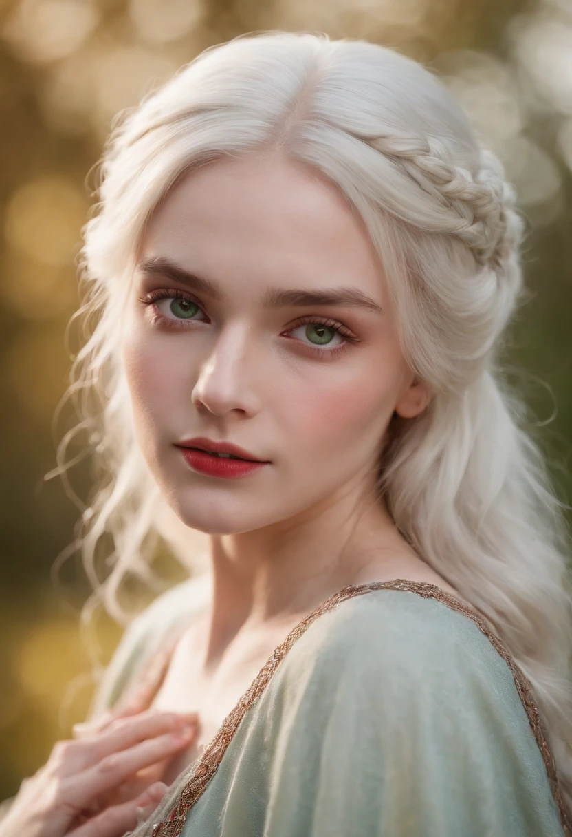 (((a deep reddish wound crosses her left cheek))) fair complexion, woman around 19 years old, natural white hair, distinctive green eyes, wearing kohl, slender and graceful, beautiful, candlelight in a medieval setting, ultra sharp focus, realistic shot, medieval female clothes, tetradic colors (scar:1.4)