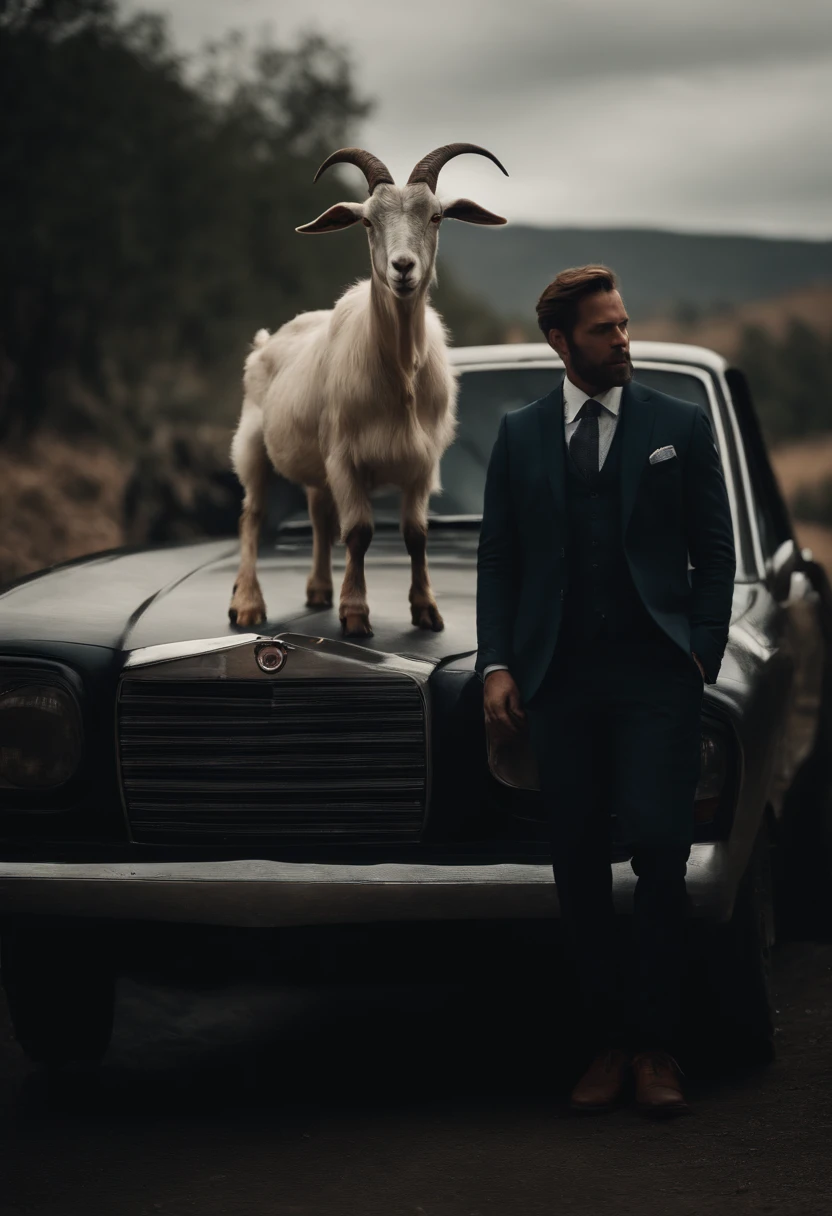 "A man with a goat's head wearing a suit, standing on top of a black car."