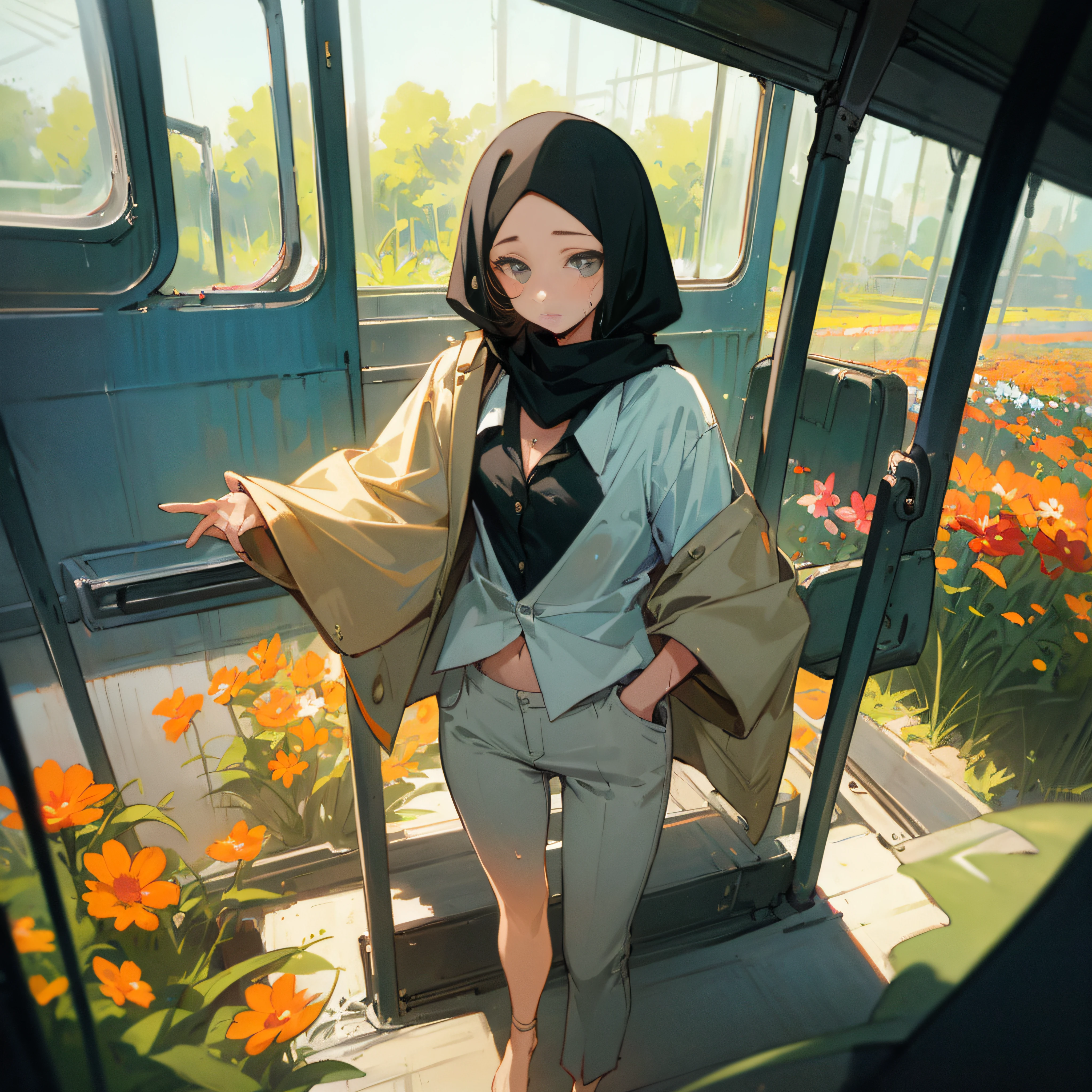 (masterpiece, best quality:1.5), abandoned train, in a flower field, 1girl, black hijab, bottomless, open shirt, open pants, warm, summer, vibrant colors, best lighting, best shadows, wet, hot.