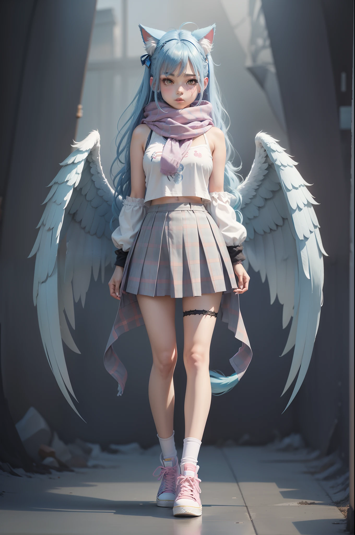 anime girl with blue hair and angel wings standing, full body adoptable, long haired humanoid fursona, character adoptable, single character full body, furaffinity fursona, full body sprite, anime style character, with converse, grey tanktop, plaid skirt, pastel pink scarf, two fluffy tails and cat ears