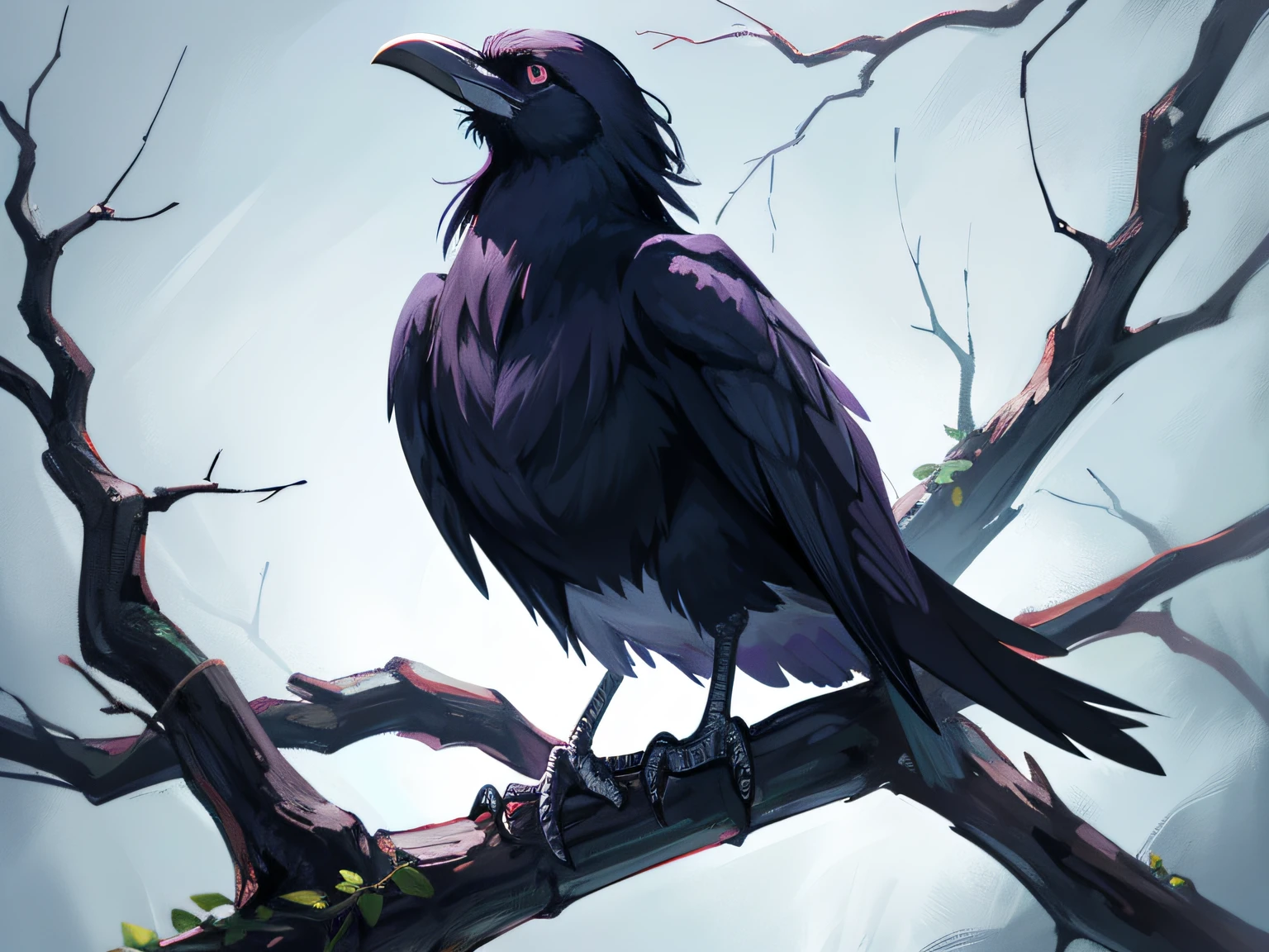 A raven perched on a horizontal tree branch,pure white background,high detail,hyper quality