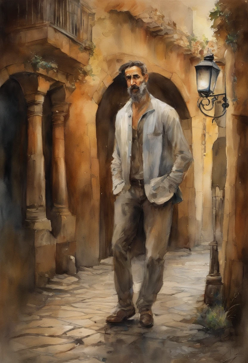 Um rua onde vielas se encontram, personagem masculino de meia-idade, com cabelos grisalhos e barba por fazer. His expression of agony is frozen on his pale face, Lying on the cobblestone floor, vemos a cena de cima, um vulto sutil em uma parte das vielas