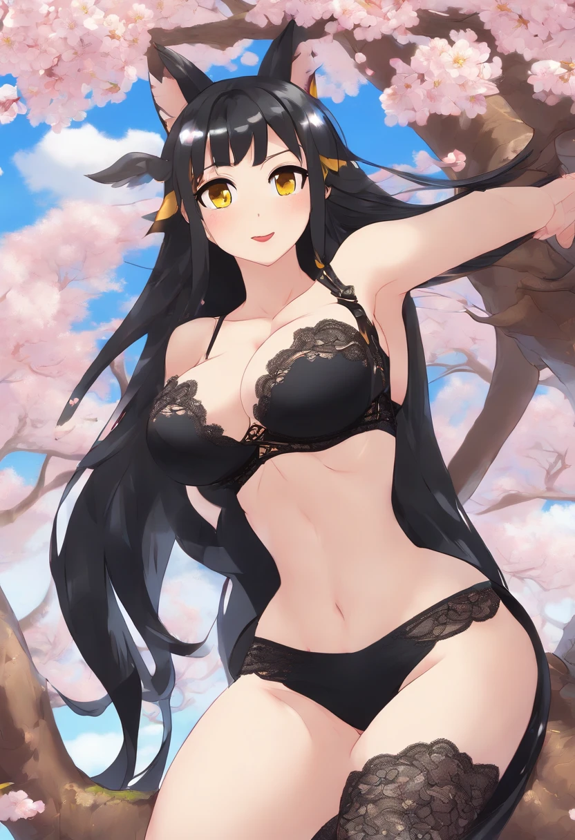 ((kid girl)) with ((Long straight black Hair)) and ((Kitsune Tails)) ((light yellow eyes)) and ((massive Breasts)) and ((massive waist)), ((full-length portrait)), ((thicc)), ((sitting down on a cherry blossom tree doing something sexy)), ((wear black lace bra with small black lace panties)) and ((Massive Hourglass Figure))