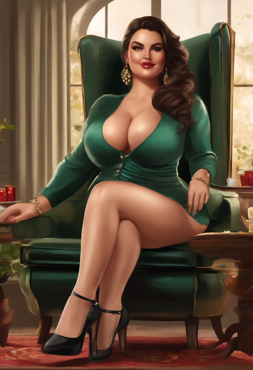 "Lush and seductive brunette bombshell, mit einem Gewicht von mehr als 10,000 Pfund, Sitting very motionless on a couch and eating a party-sized buffet, extrem prall, big belly, bloated, Full body portrait of a short!, fullbody commission for, fettleibig, Body swelling just before the explosion, bloated, Zelle schattiert!!! Sie stellt ihre Kurven in einem atemberaubenden Ensemble aus eleganten schwarzen Leder-Caprihosen zur Schau, A sweater with buttons, who emphasizes their merits, und wippt auf zehenlosen High Heels."