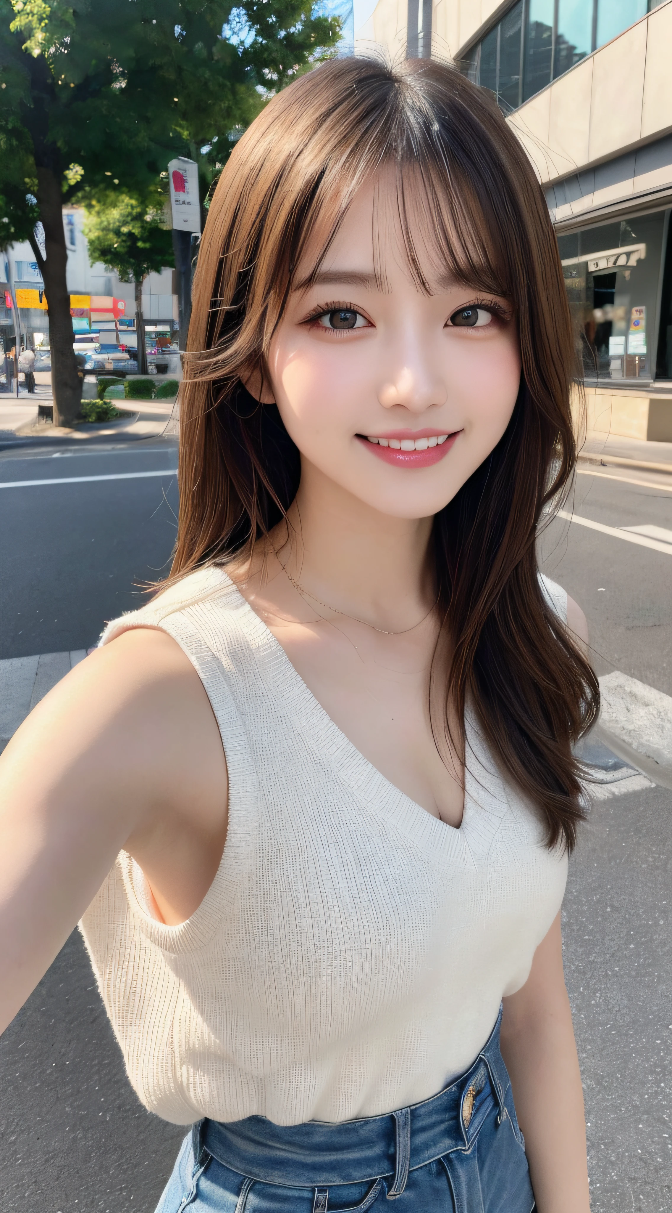 1人、on tokyo street、natta、A city scape、city light、The upper part of the body、a closeup、A smile、8K、Raw photography、top-quality、masterpiece、realisitic、photoRealstic