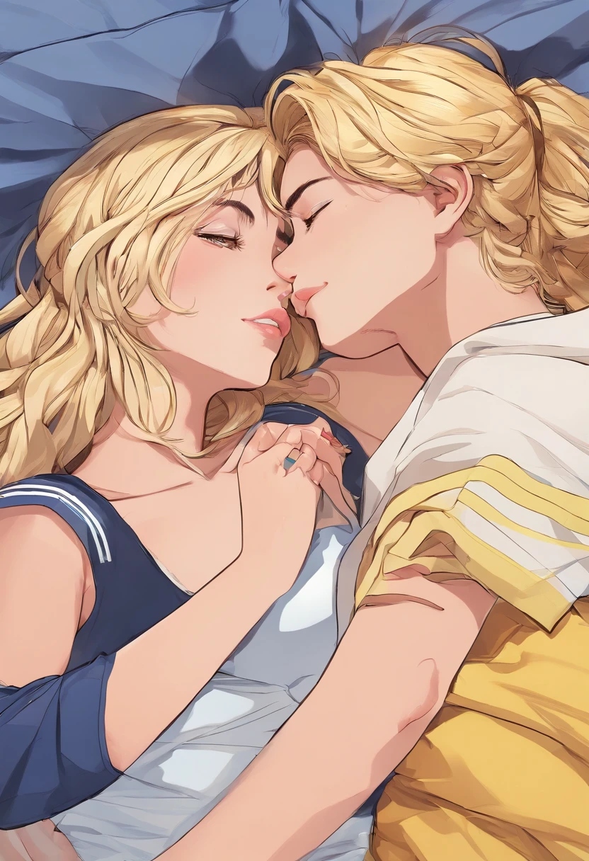 Two women lying in bed and kissing, wearing Adidas baggy pants, blonde hair, blue eyes, anime style, Extremely high detail, wide shot, from above, Super Detail, master piece, retina, acurate, anatomically correct, textured skin , Super Detail, Very High Detail, Full Body, Kissing, Anime Style
