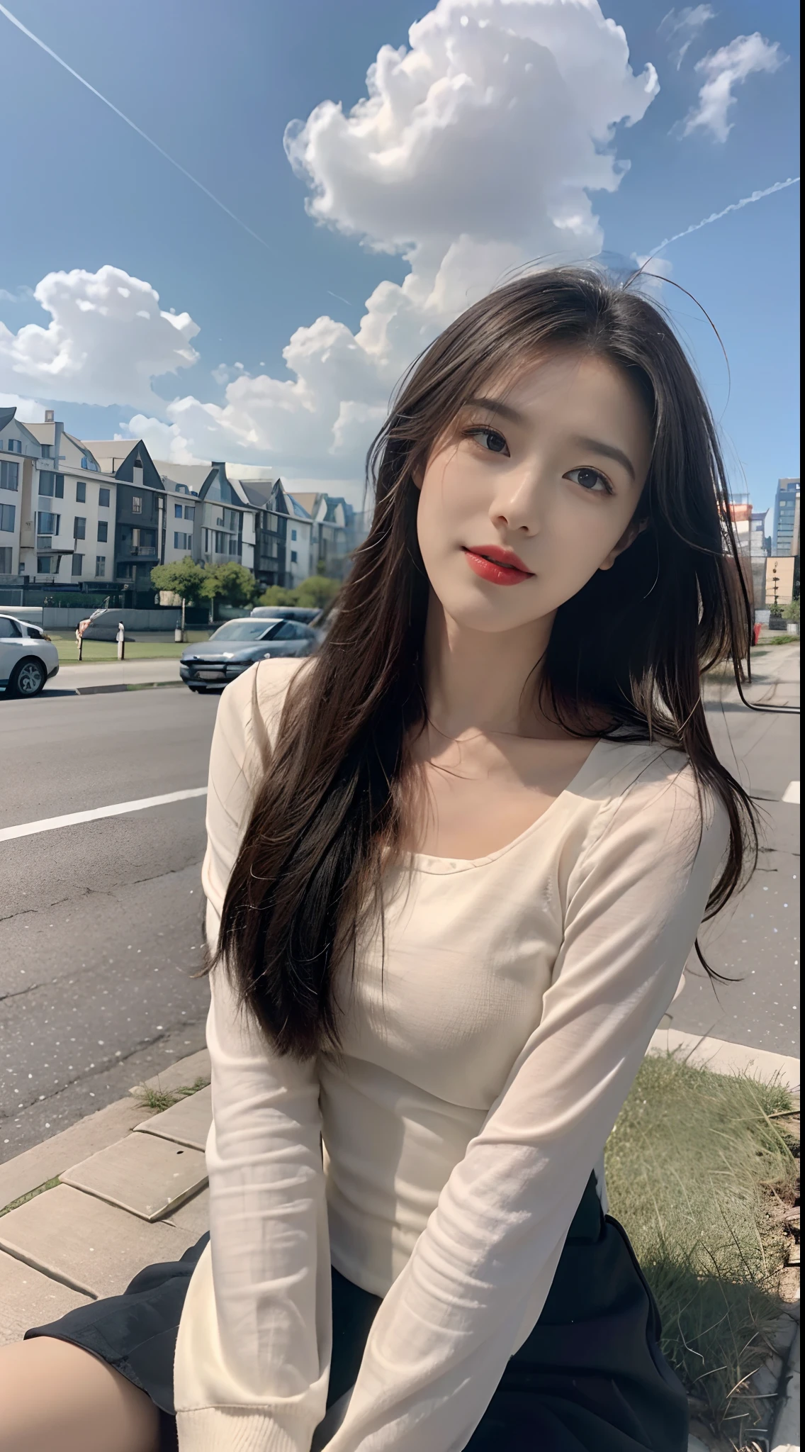 ((best qualtiy, 8K, tmasterpiece:1.3)), A pretty maiden，Pure，Melon seed face，gentle and cute，A sweet smile，Pure desire，Thin stature，(frontage)，(Tilt your head)，staring right into camera，uniform, Obi, formal，Black silky long, Straight hair，Long hair flowing over the shoulders，round black big eyes，Clear big eyes，Hydrated red lips，Sweet，Sit by the road，with blue sky and white clouds，Blue skies，grassy fields，Buildings，