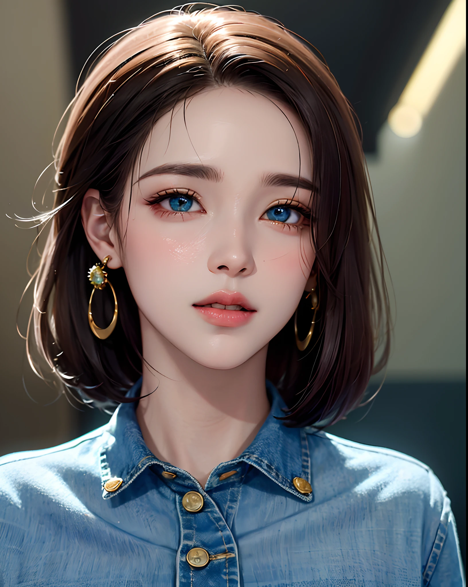 (obra-prima, melhor qualidade, 1girl, solo, detalhes intrincados, chromatic aberration), (realista), (Skin), (Pele), 1girl Shizuku rabo de cavalo alto, ((medium breath)), (cabelo preto, franja romba), cabelo detalhado, red head ornament, destaques azuis, cabelo sobre um olho, olhos verdes brilhantes reais, brincos pequenos, olhos afiados, gargantilha de ouro, ((recorte de decote de topo de corte preto)), jeans, (olhos de simetria), (perfect symmetrical body), noite, ((luz natural))), retroiluminação, contra parede cinza,  dim lighting, standing up, (olhar para o espectador), ((tiro centralizado, de frente, (rosto e cintura)),seios muito pequenos levantados.