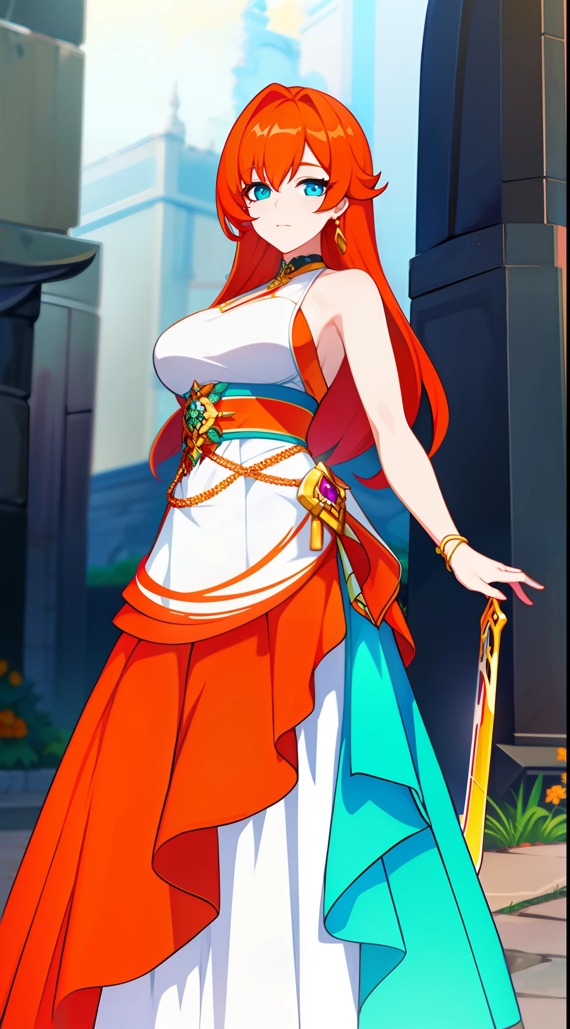 young girl, llong orange hair, Cyan eyes, white fencing dress, Sleeveless, open breasts, long skirt, sword, Gold Elements, gems, Masterpiece, hiquality