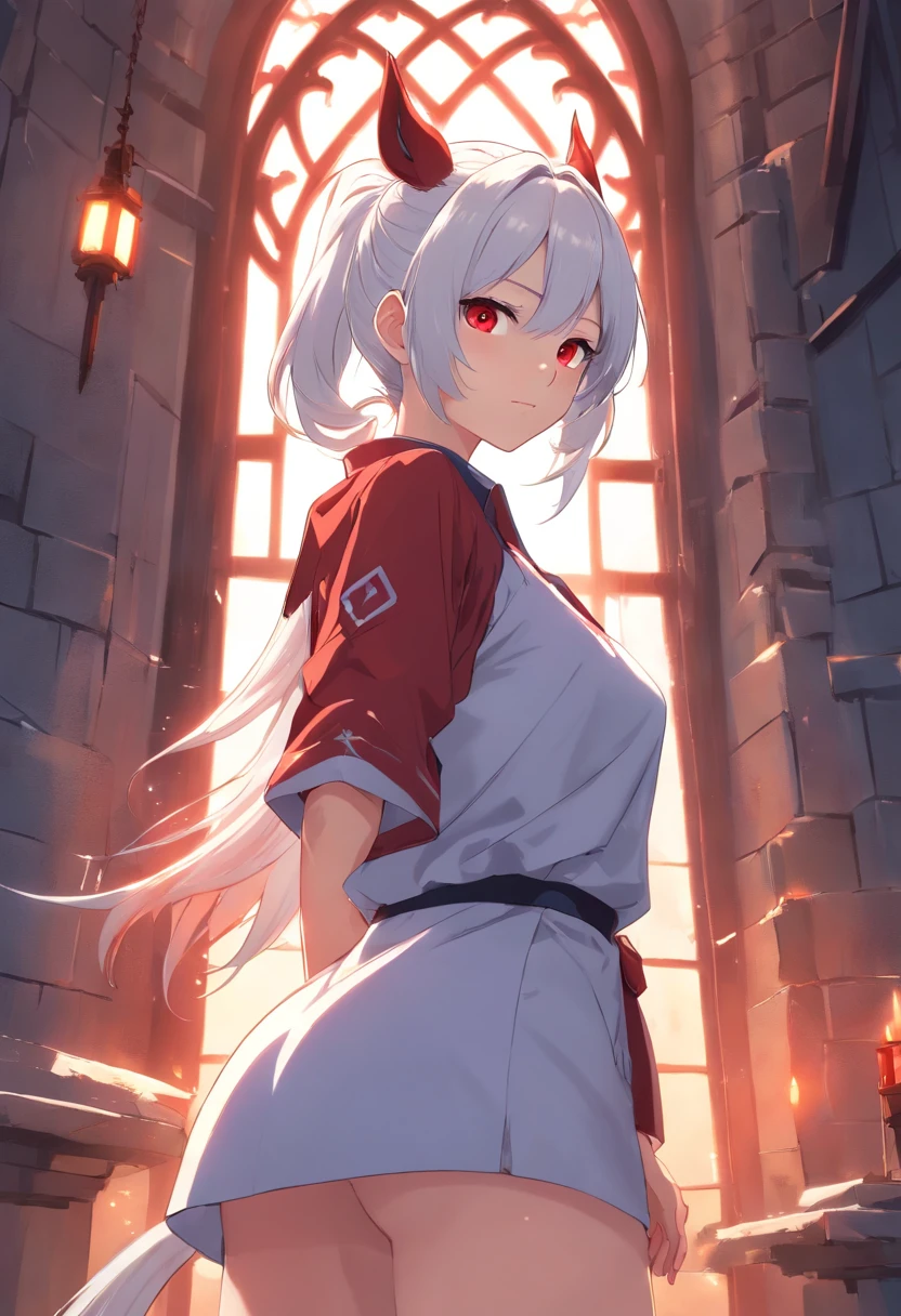 White hair,red color eyes,horse tailed,The demons, short detailed hair,Ponytail hairstyle,Dashing, longer sleeves,devil horns, Lori huge breasts cleavage,flatchest,Thin,Manteau, Lori huge breasts cleavage,leg loops,Demon tail,A look of disgust,Inside the gloomy castle,{{Best quality}}, {{Masterpiece}}, {{Ultra-detailed}}, {illustration}, {Detailed light}, {An extremely delicate and beautiful}