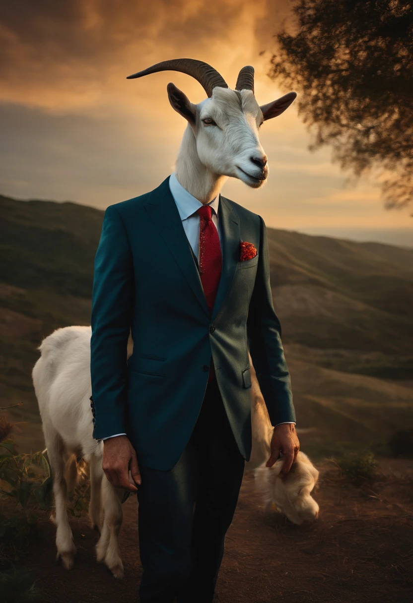 "A man with a goat's head wearing a suit, standing "