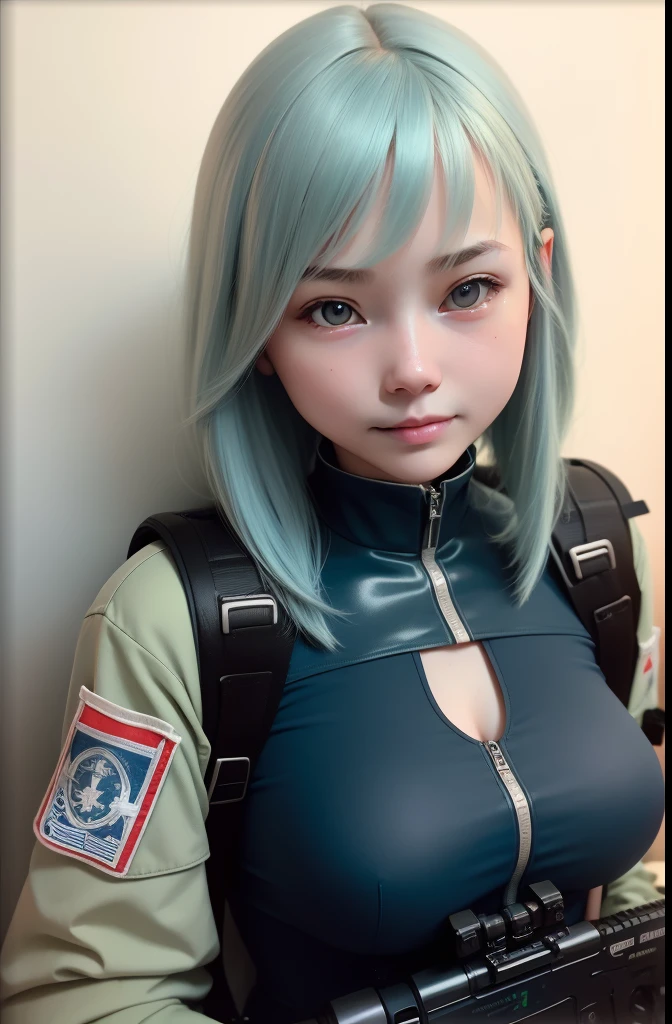 A futuristic world,a perfect illustration of artifical intelliengence,After 5143, 8K, Extremely detailed , flawless，hyperdetailed face，****************，Eight-headed body，Silky light blue hair，Bitgirl，A device with an optical rifle in both hands，Background of the near future，During night combat，Rifle shooting scene，Smile，Dress Type，Wear a khaki troop jacket,Troop jacket with a patch of the Japanese flag、matrix、Blade Nanner