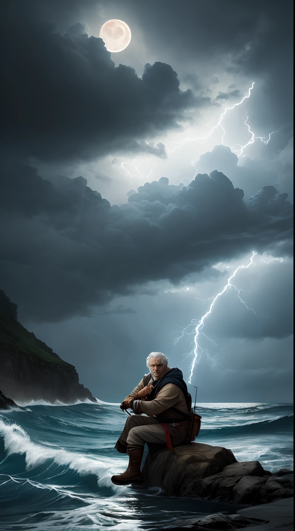 male, fisherman cleric, grey hair, old, handsome, gruff, middle-aged, sitting on boat in ocean, stormy weather, lightning in background, waves, dungeons and dragons, rpg, hi res, 4k, 8k, 16k, bright moonlight, white moon ultrahd,realistic, photon mapping, radiosity, cinematic lighting, sharp focus,,, ultrahigh res, best quality, cinematic epic + rule of thirds, volumetric lighting, volumetric light, concept art, portait image, path tracing,, high quality, highly detailed, 8K,, cold colors, anatomically correct, concept art, defined face, five fingers, --auto
