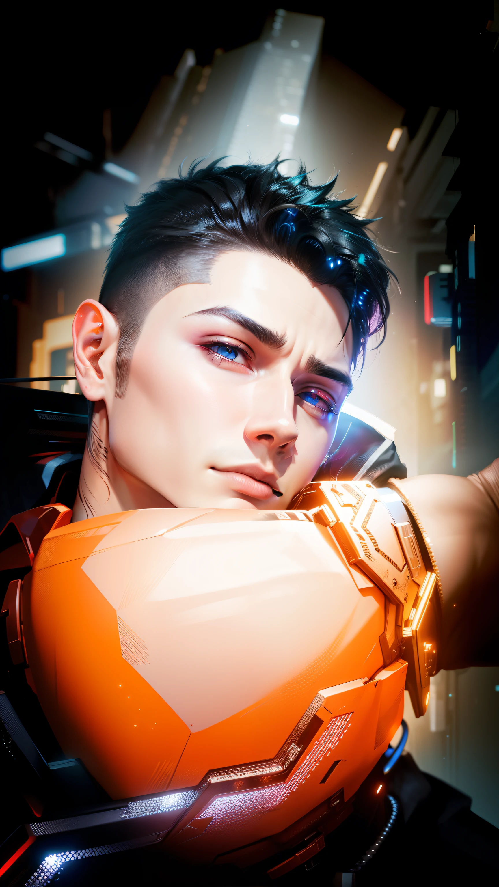 Change Background Cyberpunk handsome boy realistic face,8k, ultra realistic,full lights, multicolour lighting