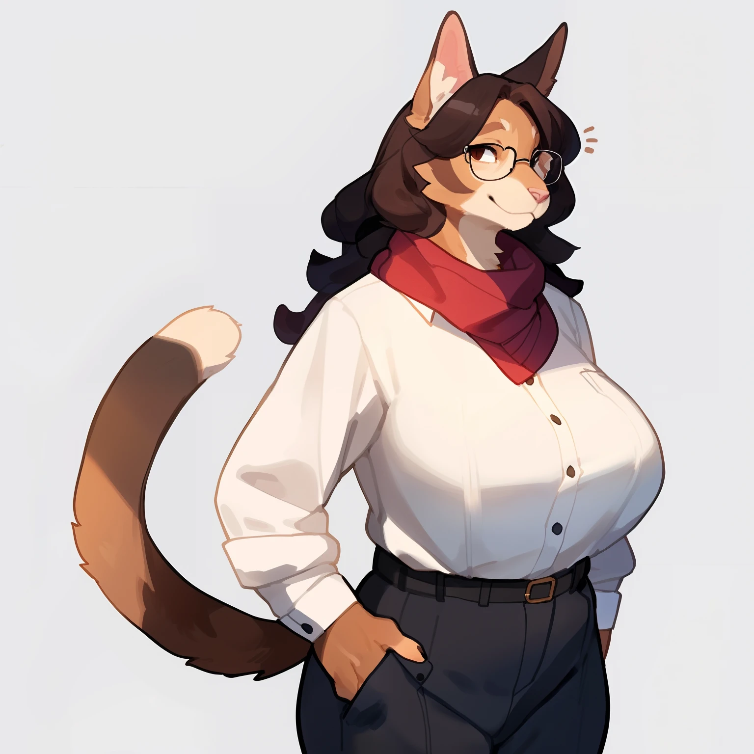 By bigcozyorca, by bebebebebe, by buta99, solo, female, (hair, snout), feline, glasses, abyssinian cat, wavy hair, pink nose, big breasts, scarf, button up shirt, dress pants