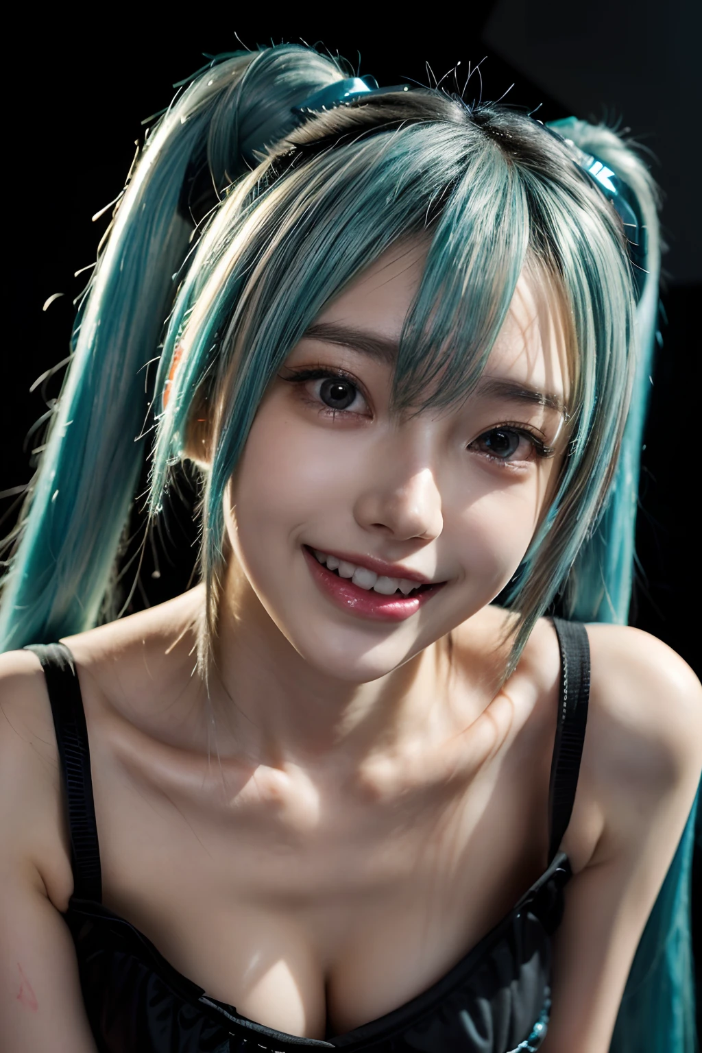(Front focus), keyword: 1 girl taking photos, (((Hatsune Miku))), (In the dark:1.6), surrealist portrait, Fantasy art, photograph realistic, Dynamic lighting, poster for, Bokeh, voluminetric lighting, Very detailed faces, 8K, Award-Awarded, 1girll, 25 year old girl, deepshadow, low tune, Long two-tailed hair with ponies, Bright Tosca hair and eye color (((Rich in color))), big breast, Round chest, Nack shoes , full bodyesbian, Big smile (Open mouth), Wet skin, Highly detailed face and skin texture, Detailed eyes, Realistic eyes, Beautiful detailed eyes, (Realistic skin), (((Futuristic Hatsune Miku dress 1:1))), dynamicposes