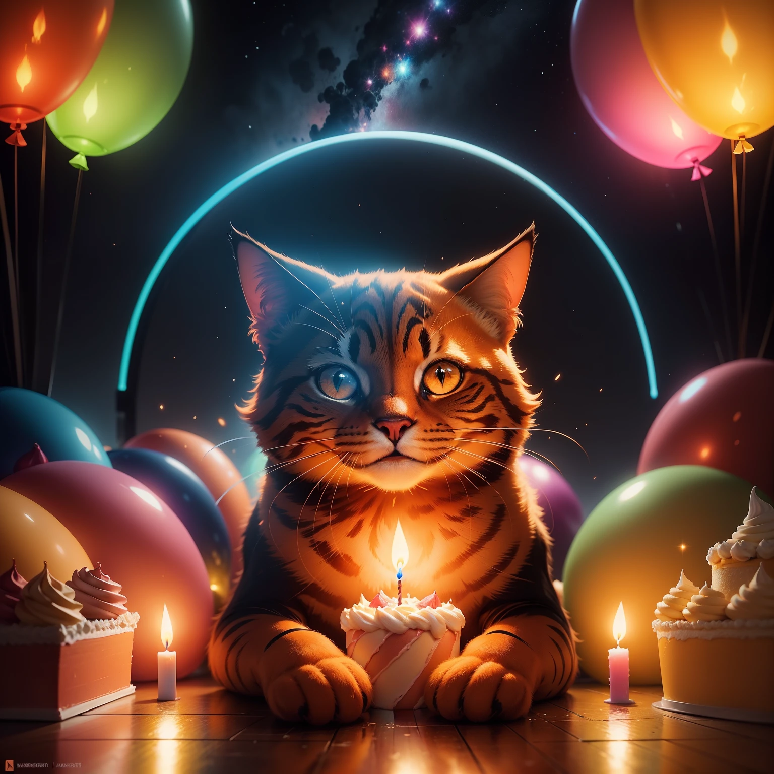 smiling orange cat, birthday balloons, cake, colorful candles, neon glitter, centered, symmetry, painted, intricate, volumetric lighting, beautiful, rich deep colors masterpiece, sharp focus, ultra detailed, in the style of dan mumford and marc simonetti, astrophotography