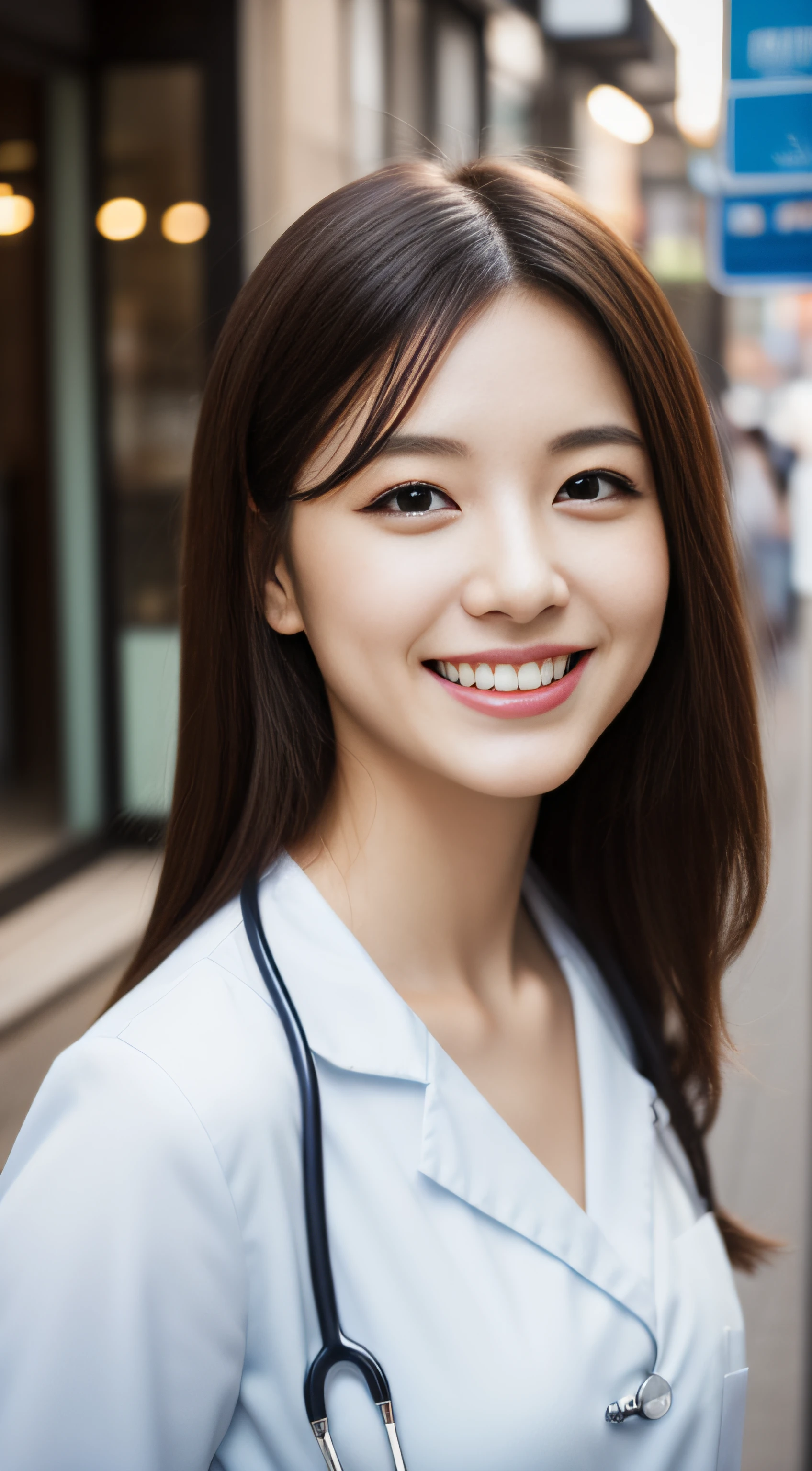 physician、hiquality、A hyper-realistic、healthy、Smiling expression、Slender perfect figure、Japan beauties、beautidful eyes、Double eyelids、face perfect、Beautiful skin、Bustling street