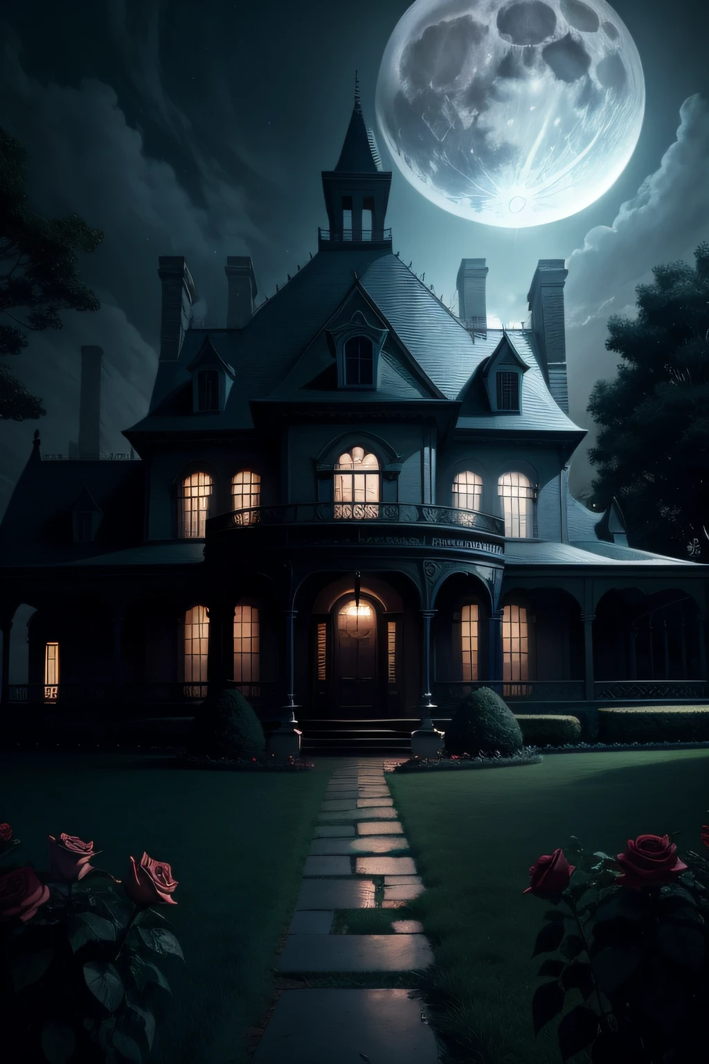 gloomy mansion full moon night with rose garden