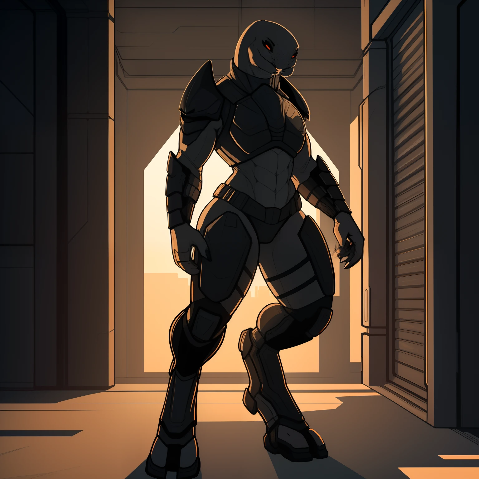 Tall_Muscular_mature_sangheili female dark_gray_scaled_body orange_iris black_sclera black_armor red_accents solo Masterpiece best_quality absurdres highly_detailed cleanly_drawn_eyes anthro_only by_claweddrip, by_greasymojo, by_underscore-b, by_runawaystride