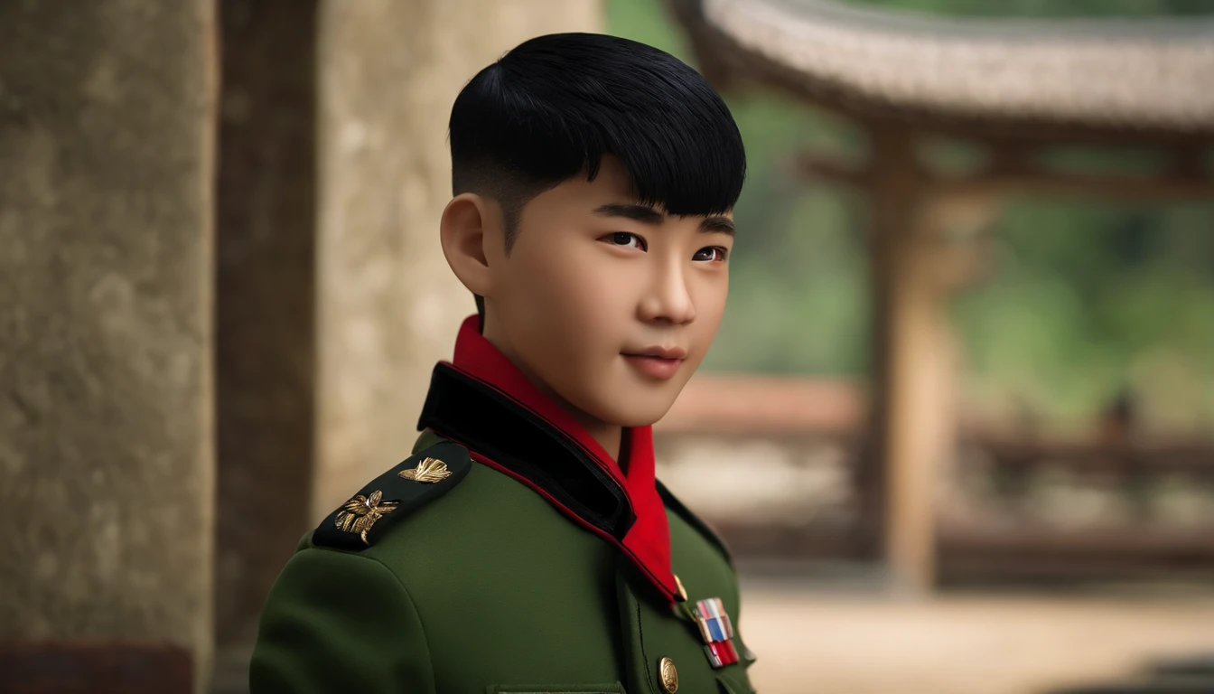 china boy,black color hair,Wear a green military uniform,Figure style,With a red scarf,Sit and talk and laugh
