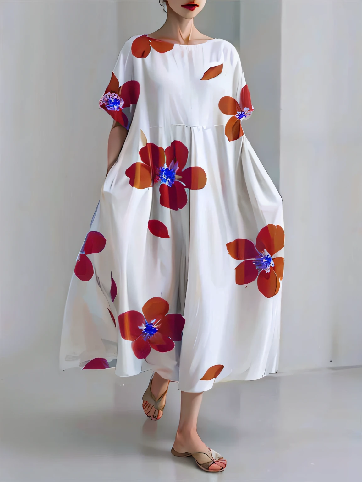 uma mulher em um vestido branco com flores vermelhas sobre ele, vestido floral art novuea, vestido flor, Vestido Floral Art Nouveau, swirly flower dress, vestindo chiton floral, Flowing dress, usando um longo vestido florido, vestido florido, wearing a white flowing dress, Wearing a flowing dress, roupas florais, vestido com um vestido de flor, summer dress