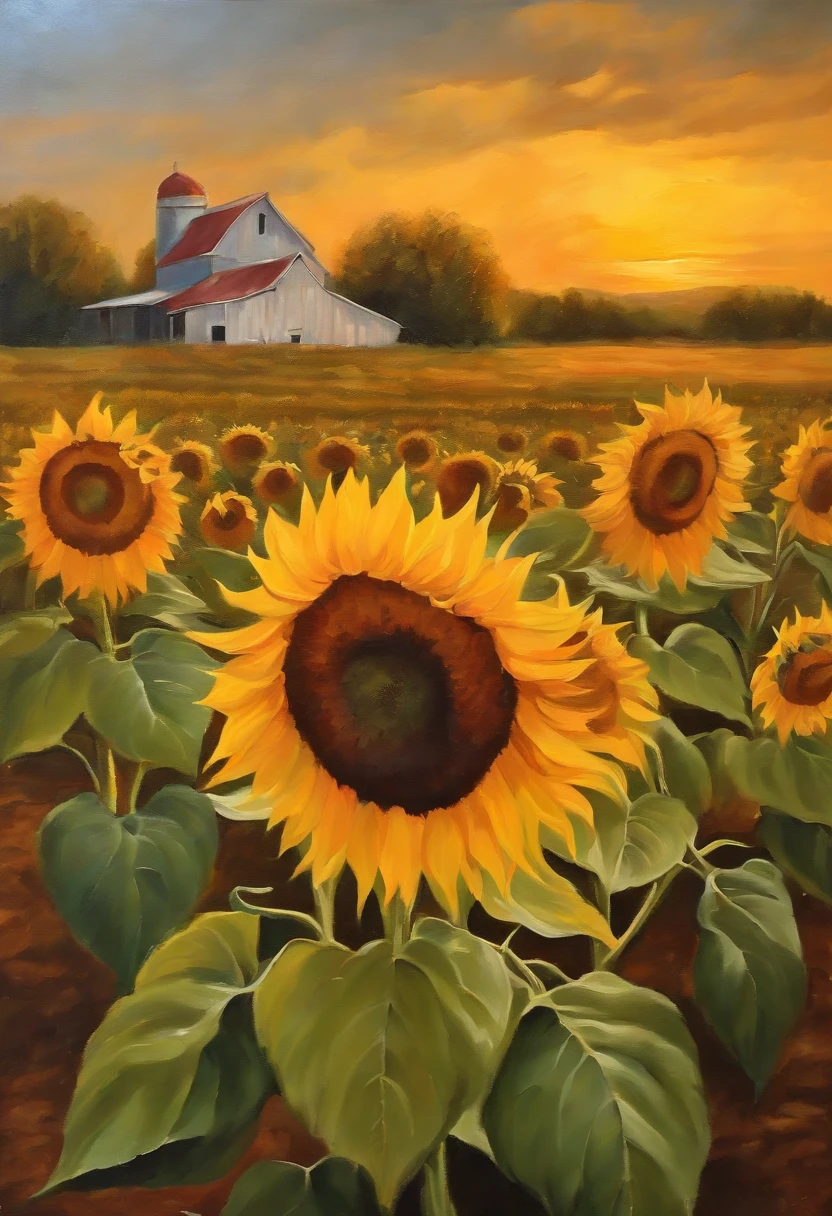 oil painting of sunflowers on a farm.