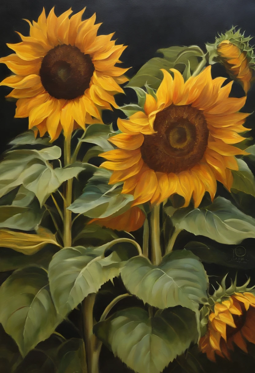 oil painting of sunflowers on a farm.