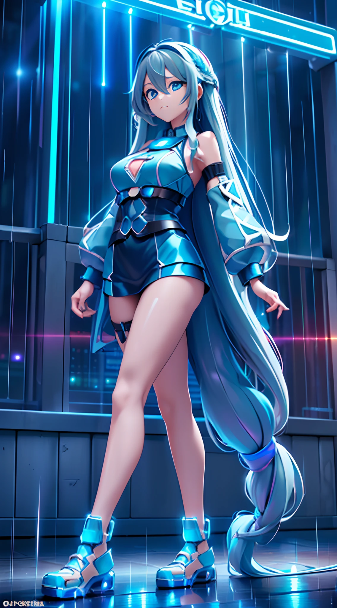 (Dynamic Angle:1.4), ((Full body posing:1.5), (Colorful:1.2), (Highly detailed CG Unity 16K wallpaper:1.1), (Denoising strength: 1.45), (tmasterpiece:1.37), ((Official art)), of the highest quality, (Realistic), Green Cyber Girl, 2 head body,Deformed Character,cute expression, (Super long hair:1.6),voluminous hair,Hair in motion,Golden hair,Glowing eyes,(blue eyess:1.2), wires, (LED:1.3), (a hologram:1.2), futuristic city street, Neon light, Skyscrapers, (Night:1.2), (Rain:1.2), (Rainbow Model:1.2), 8K resolution, (Anime style:1.3), Cinematic lighting, chromatic abberation, spark of light, Ray tracing, blending, ultra wide-angle,  Hasselblad, (masutepiece), (masutepiece), ((Best Quality)), ((masutepiece)), nffsw