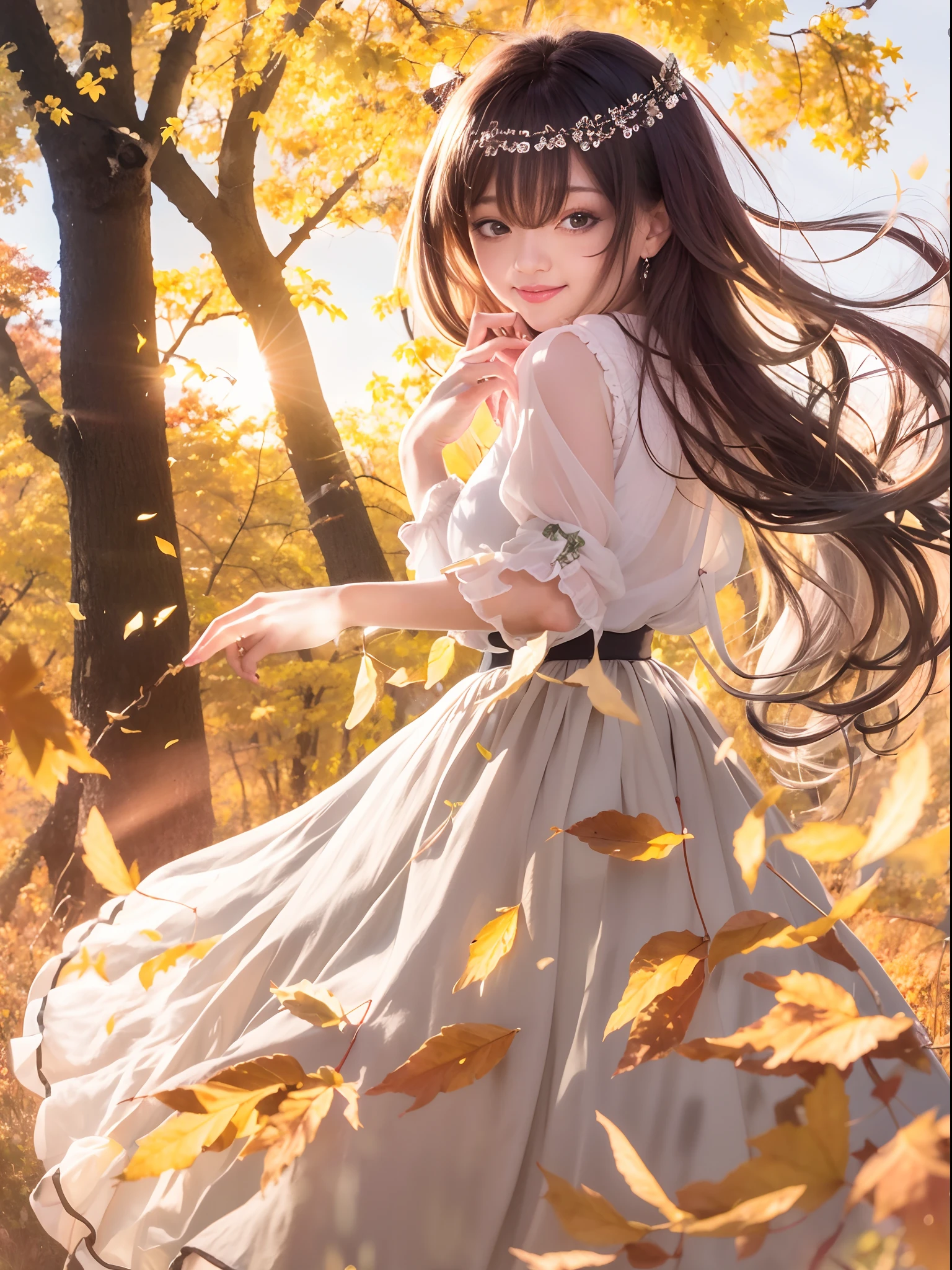 Hill of autumn leaves,Pretty girl,Evening glow,Long skirt with yellow and brown ruffles、A smile、Black Long Hair、Black eyes、White blouse,Skirt is wind、Watching the sunset,face lights、full body Esbian
