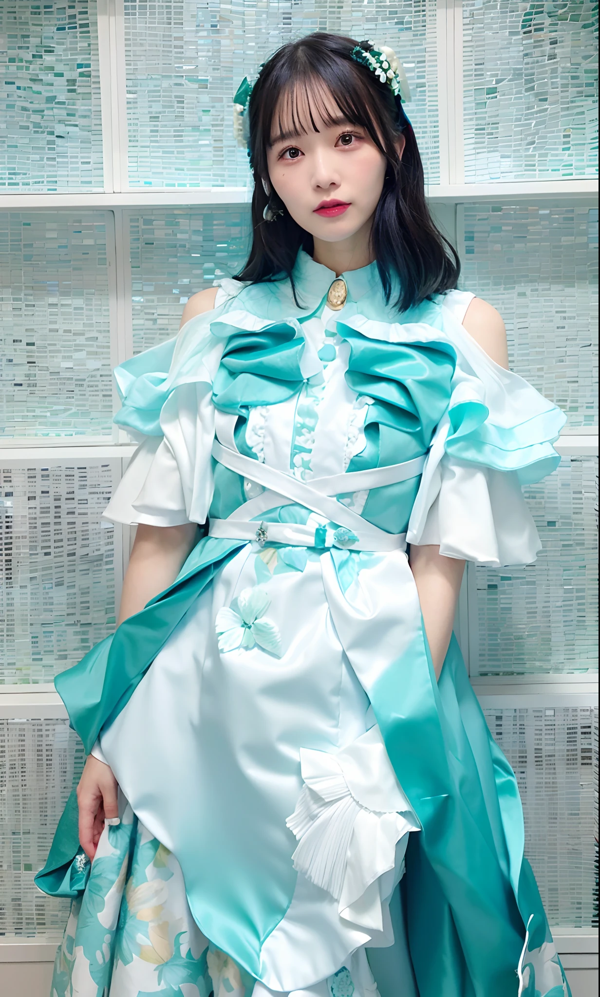 There is a woman standing in a dress, white and teal garment, sha xi, jia, by Ayami Kojima, sakimichan, sea - green and white clothes, rococo ruffles dress, TWICE, fantasy outfit, fantasy dress, dilraba dilmurat, jisoo from blackpink, Itagaki Publishing, frilld