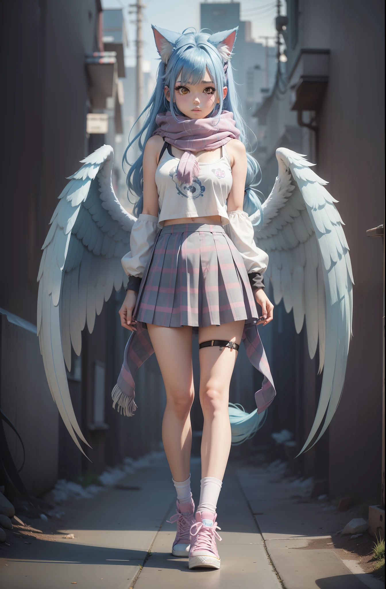 anime girl with blue hair standing, full body adoptable, long haired humanoid fursona, character adoptable, single character full body, furaffinity fursona, full body sprite, anime style character, with converse, grey tanktop, plaid skirt, pastel pink scarf, two fluffy tails, cat ears, and angel wings on upper back