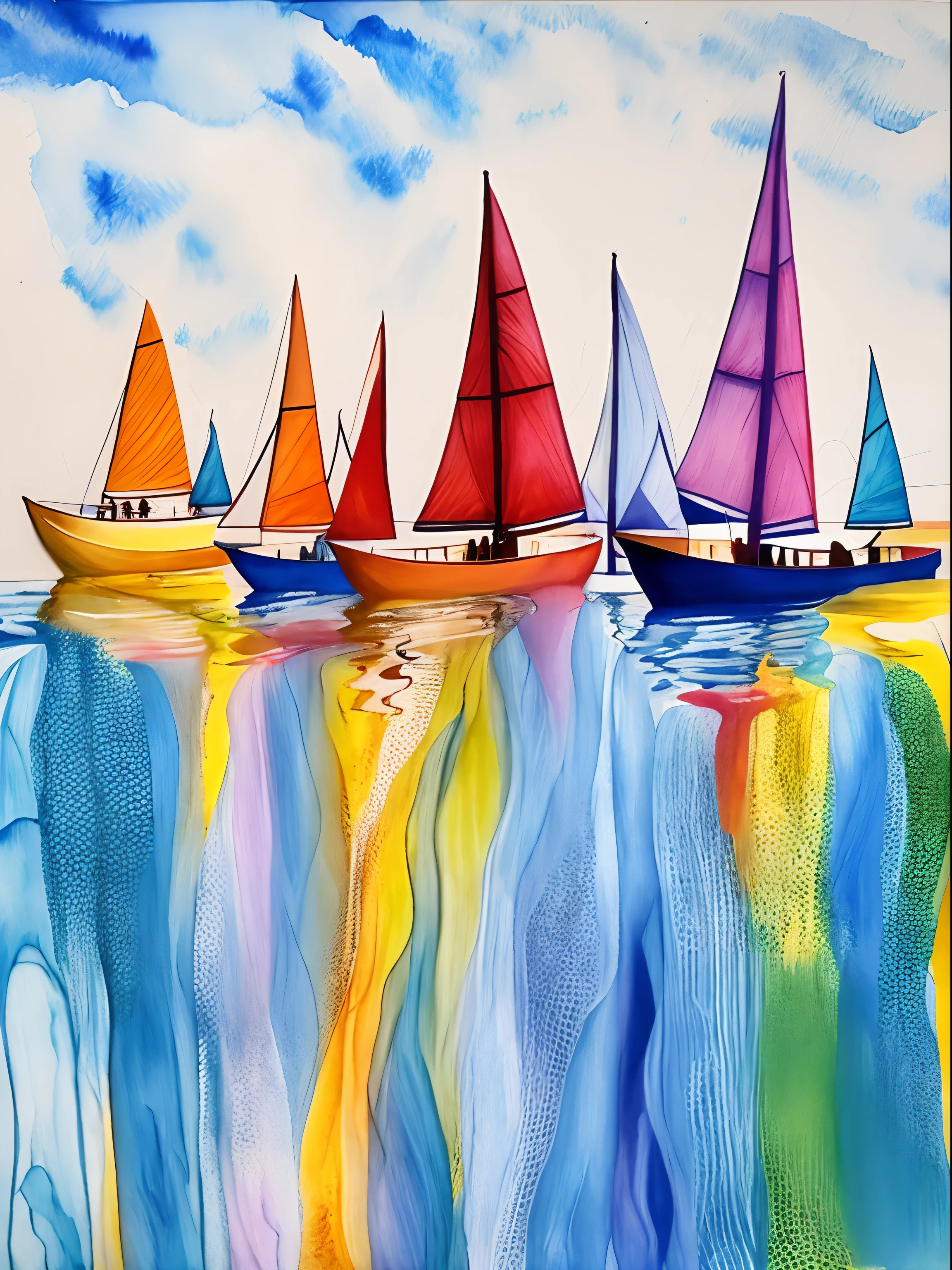 painting of a group of sailboats floating on top of a body of water, Veleiros, Veleiros, Veleiros, sonho colorido, Sailboats on the water, Arte colorida, pintura colorida, arte colorida, bonito e colorido, cheio de cores, boats in the water, arte colorida bonita!, pintado em aquarelas brilhantes, grandes imagens coloridas, cena colorida