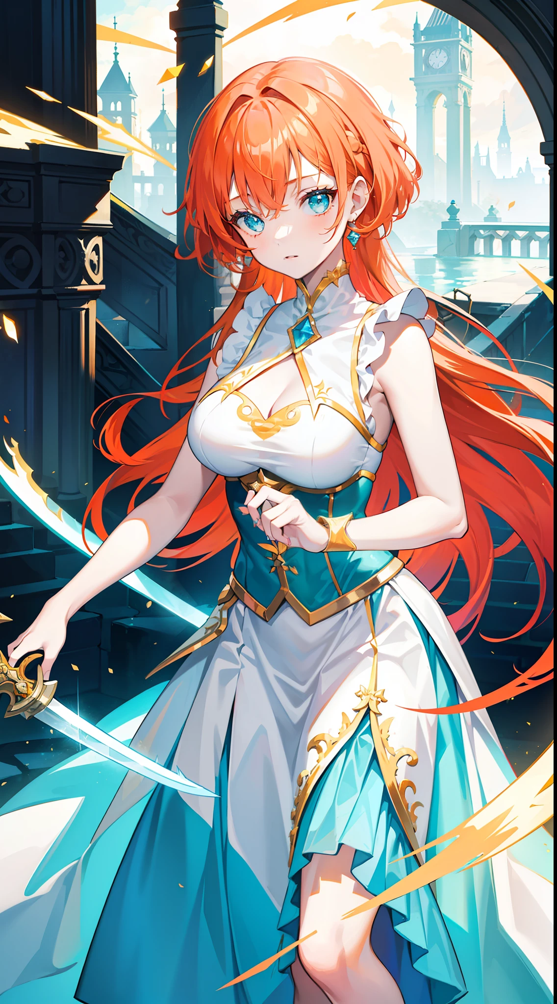 young girl, llong orange hair, Cyan eyes, white fencing dress, Sleeveless, open breasts, long skirt, sword, Gold Elements, gems, Masterpiece, hiquality