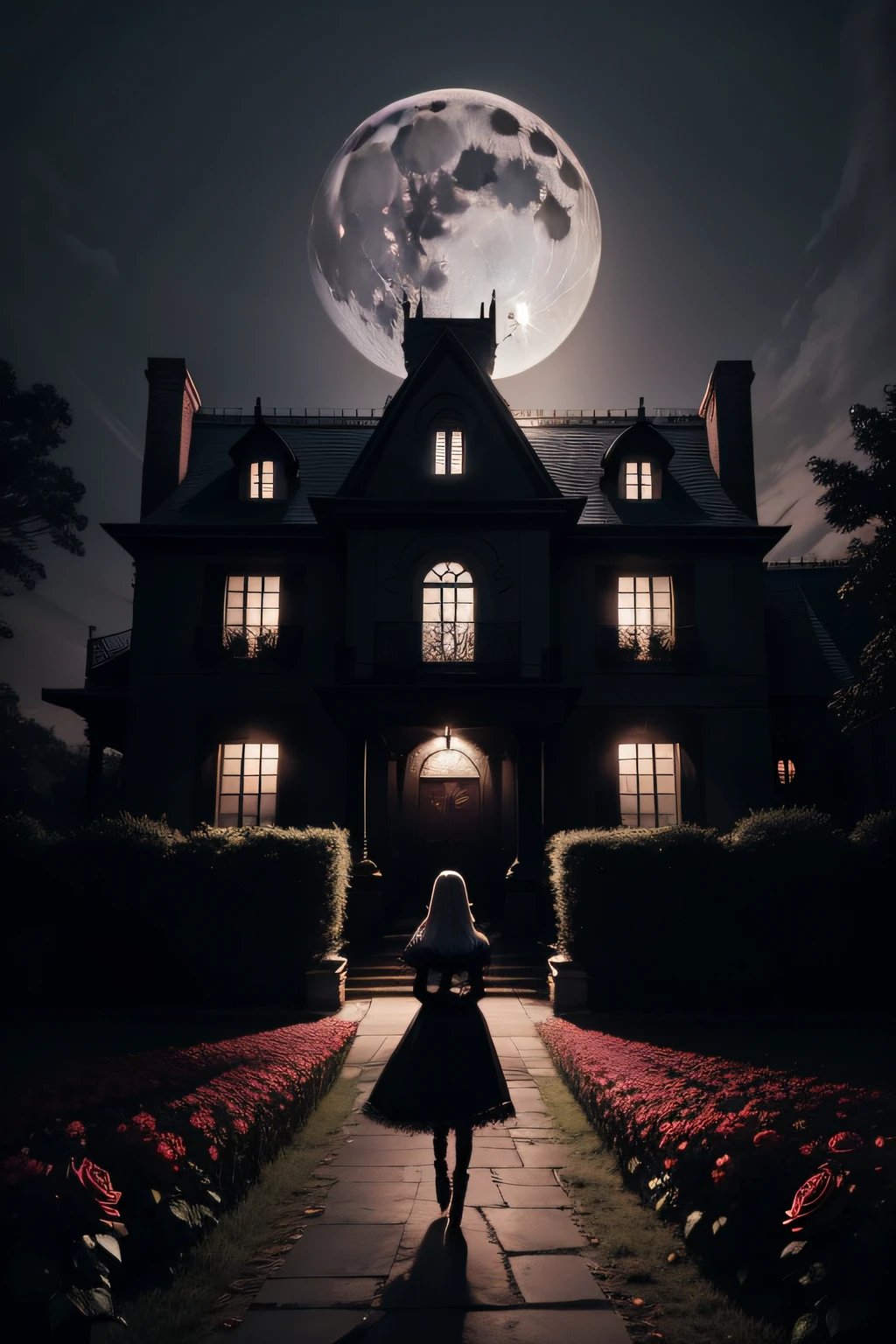 gloomy mansion full moon night with rose garden