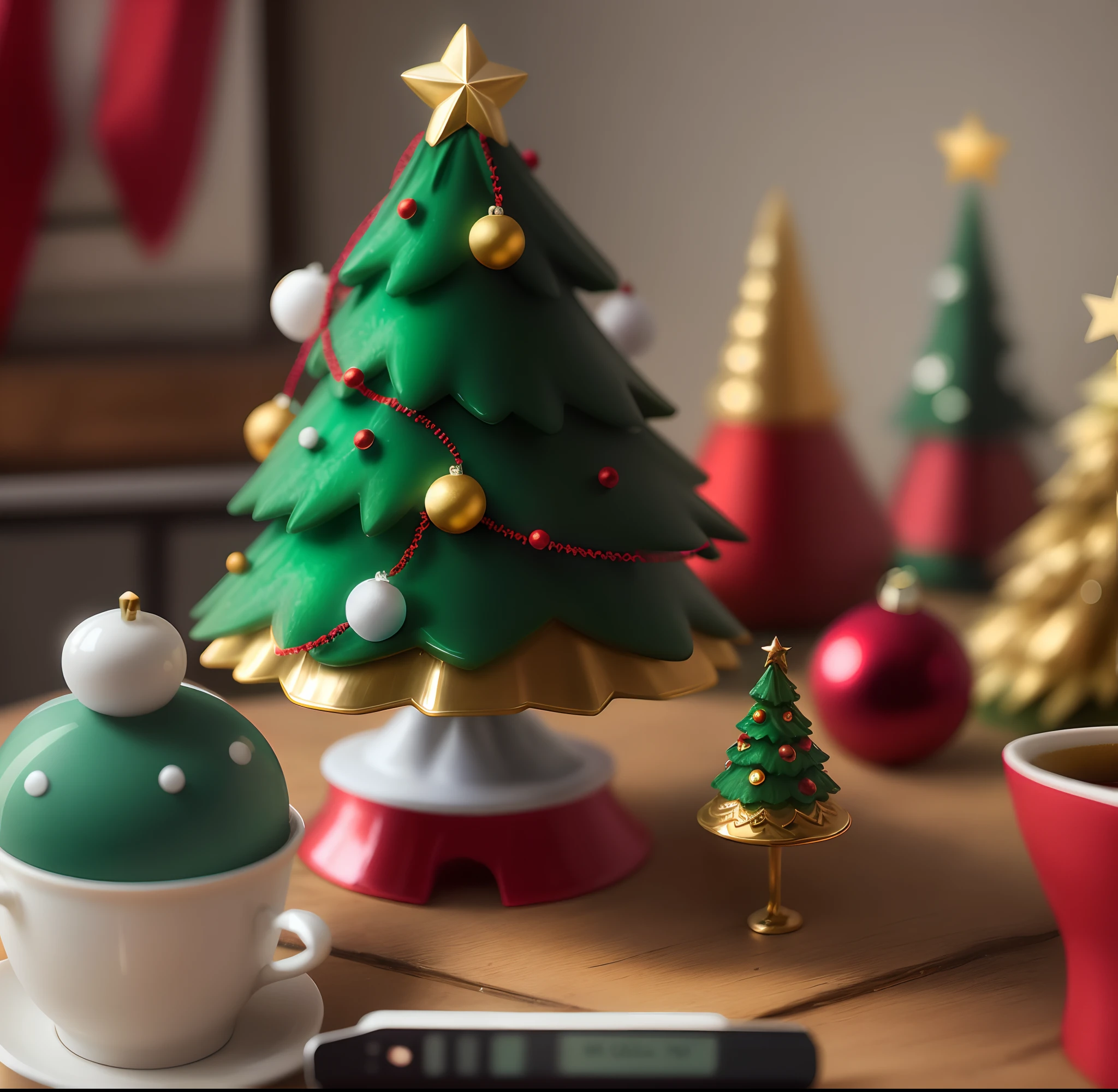 There is a small glowing Christmas tree on the table,There are ornaments on it, festivity, Christmas tree, There are a lot of thin decorations, detailled image, made of glazed, hight decorated, f / 2 0, ca, hyper realisitc, sculpted, with a tree in the background, warm and joyful atmosphere, ceramics, netflix, Seasonal, Incredibly realistic, A highly detailed,Christmas atmosphere