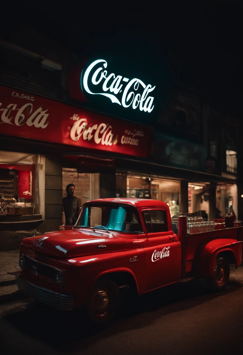 a car truck to buy drinks of CoCa Cola, best quality, night, neon light, cinema lighting, 8K, raw, no human,