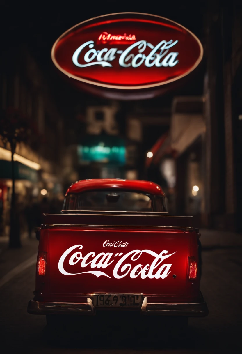 a car truck to buy drinks of CoCa Cola, best quality, night, neon light, cinema lighting, 8K, raw, no human,