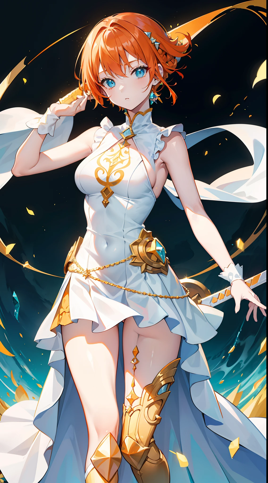 young girl, llong orange hair, Cyan eyes, white fencing dress, Sleeveless, open breasts, long skirt, sword, Gold Elements, gems, Masterpiece, hiquality