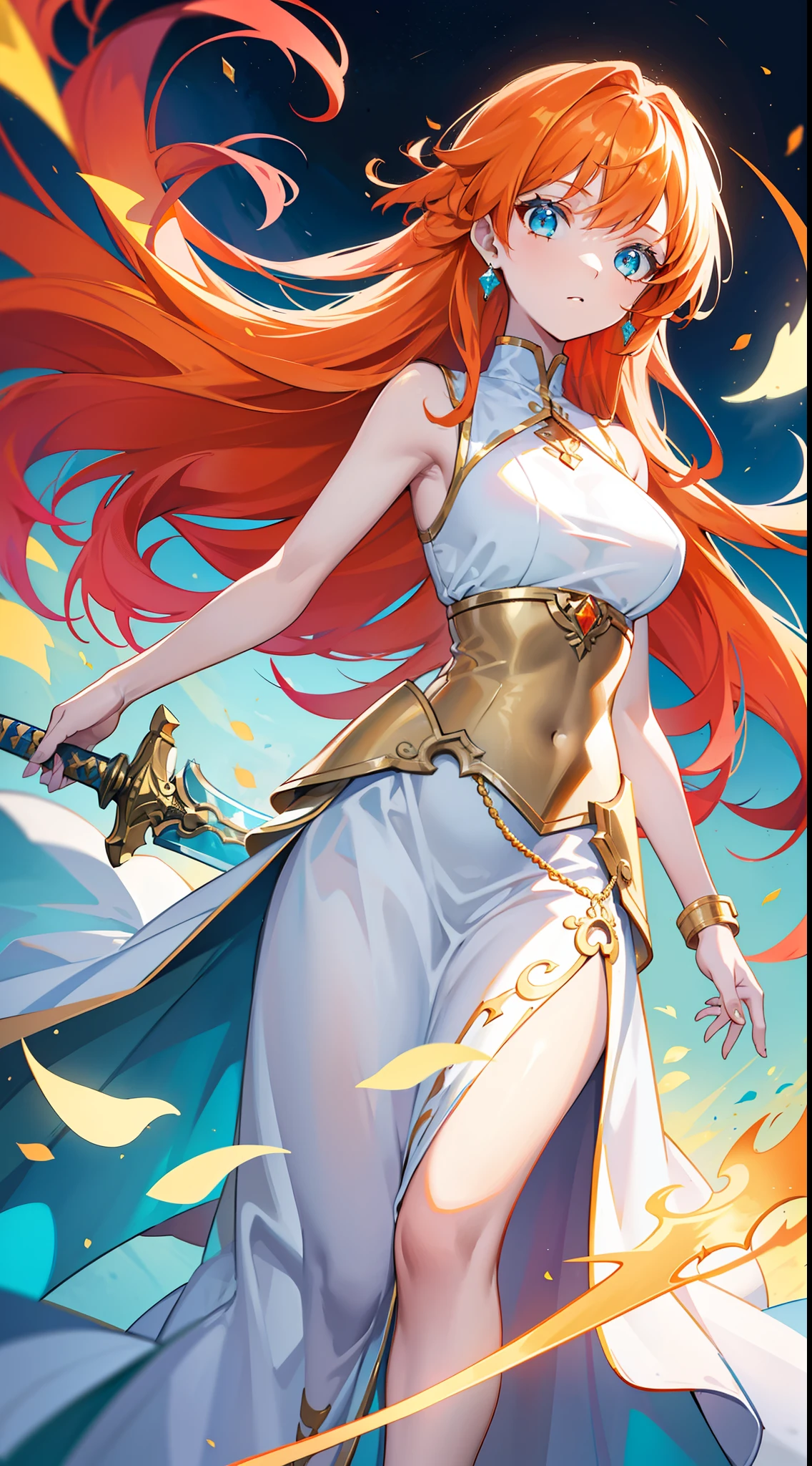 young girl, llong orange hair, Cyan eyes, white fencing dress, Sleeveless, open breasts, long skirt, sword, Gold Elements, gems, Masterpiece, hiquality