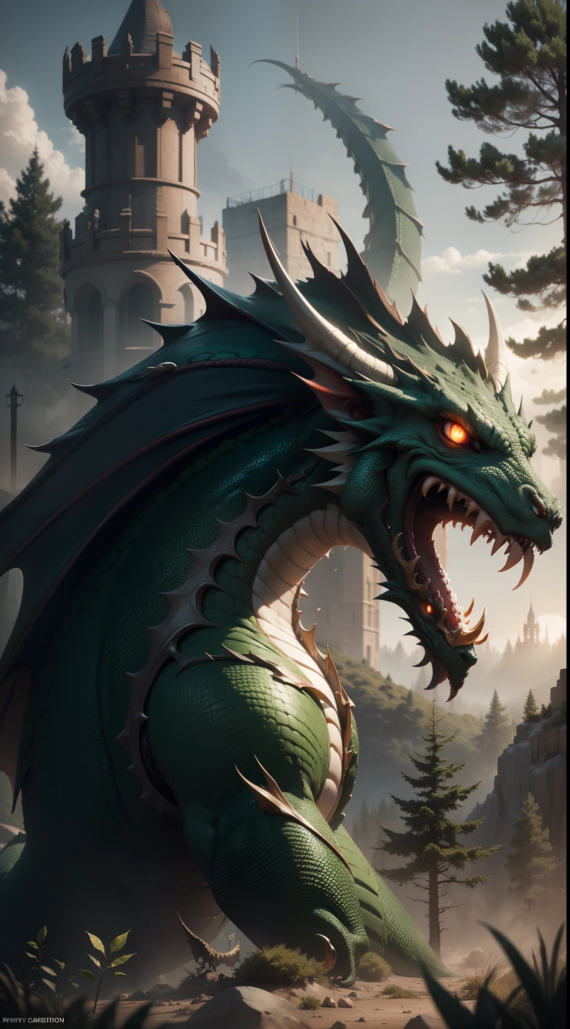 Green Adult Dragon, tower in background, forest, dungeons and dragons, rpg, hi res, 4k, 8k, 16k, bright sun, ultrahd, realistic, photon mapping, radiosity, cinematic lighting, sharp focus, ultrahigh res, best quality, cinematic epic + rule of thirds, volumetric lighting, volumetric light, concept art, portait image, path tracing, high quality, highly detailed, 8K,, warm colors,, concept art,cunning, menacing