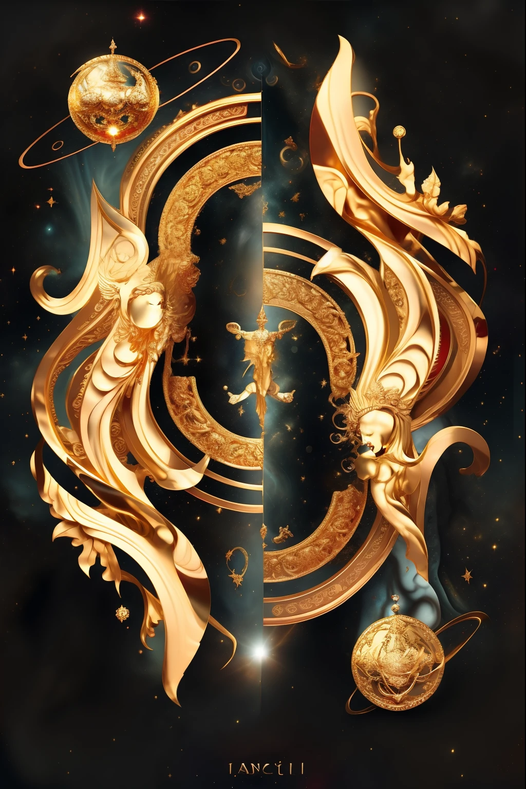 The zodiac sign with a red bird sits on a golden swirl, beautiful gemini good and evil, Beautiful Gemini twins, symmetrical tarot illustration, baroque marble and gold in space, beautiful gemini twins portrait, ornate galactic gold, complex tarot card background, Gemini, jen bartel, Wallpaper phone. Intricate, zodiac libra sign, high detal + tarot cards, gemini gold cloth