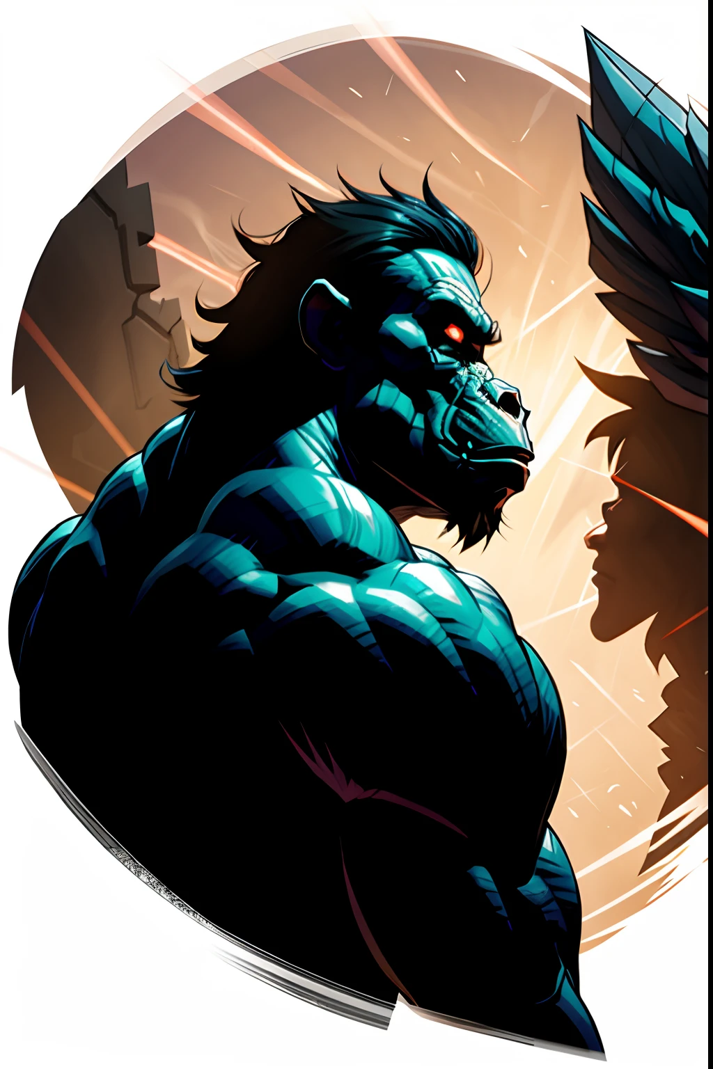 Conan faces a demonic gorilla with wings in a ruined city,obra-prima, melhor qualidade, alta qualidade, highes definition, textura de alta qualidade, sombra de alta qualidade, alto detalhe, realista, cinematiclight, side-lighting, reflexo de lente, Rastreamento de raio, foco nítido,
